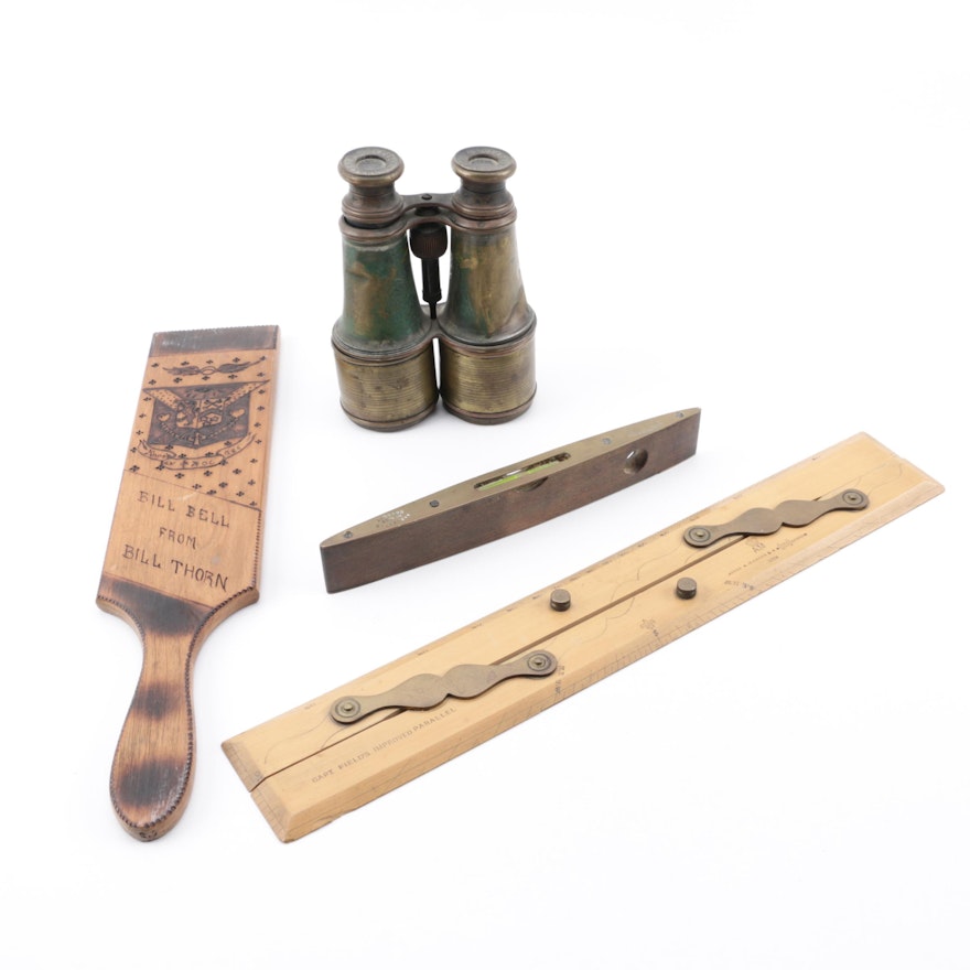 Brass Binoculars, Wooden Cricket Paddle, Level and Parallel Rulers