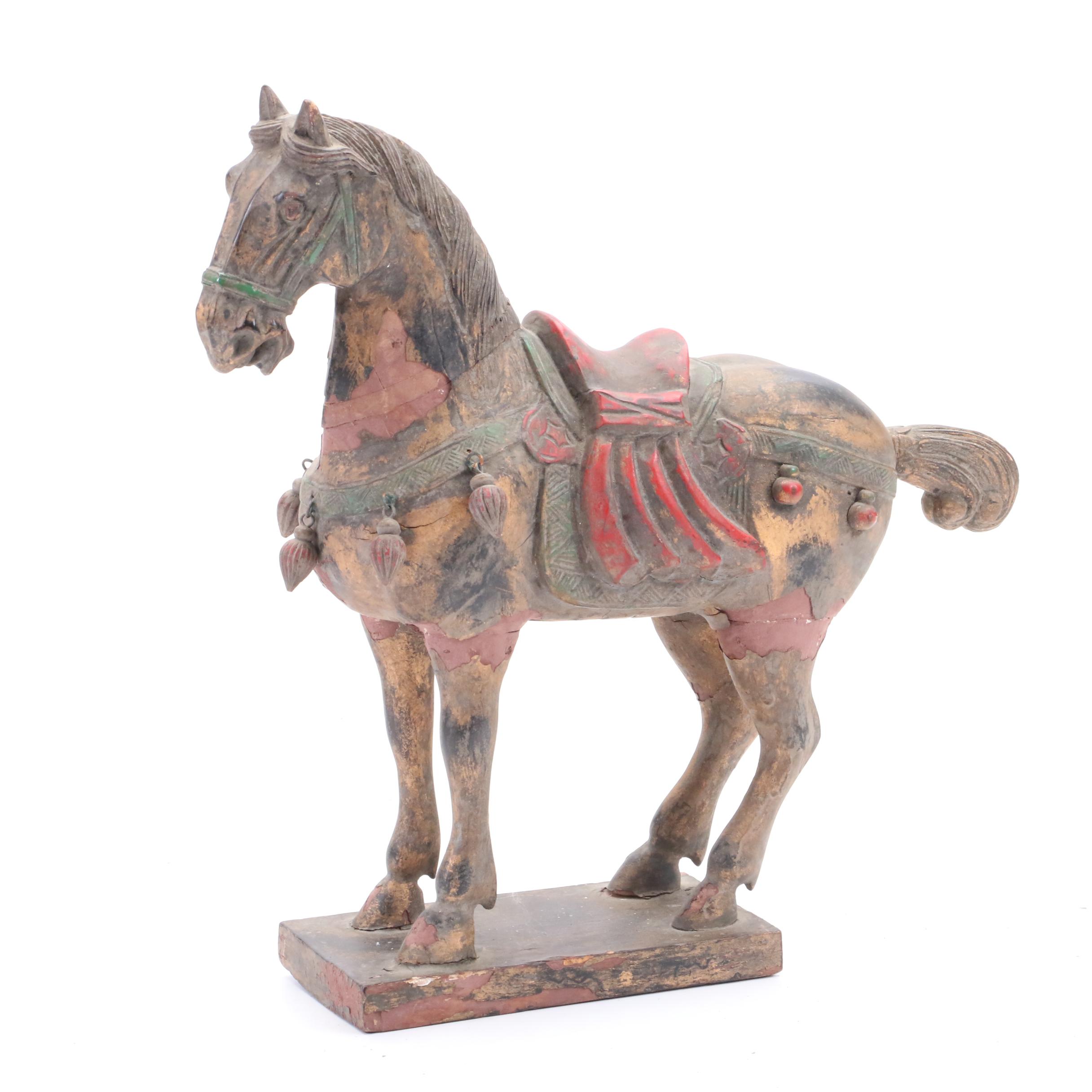 Chinese Tang Dynasty Inspired Carved and Painted Wooden Horse EBTH