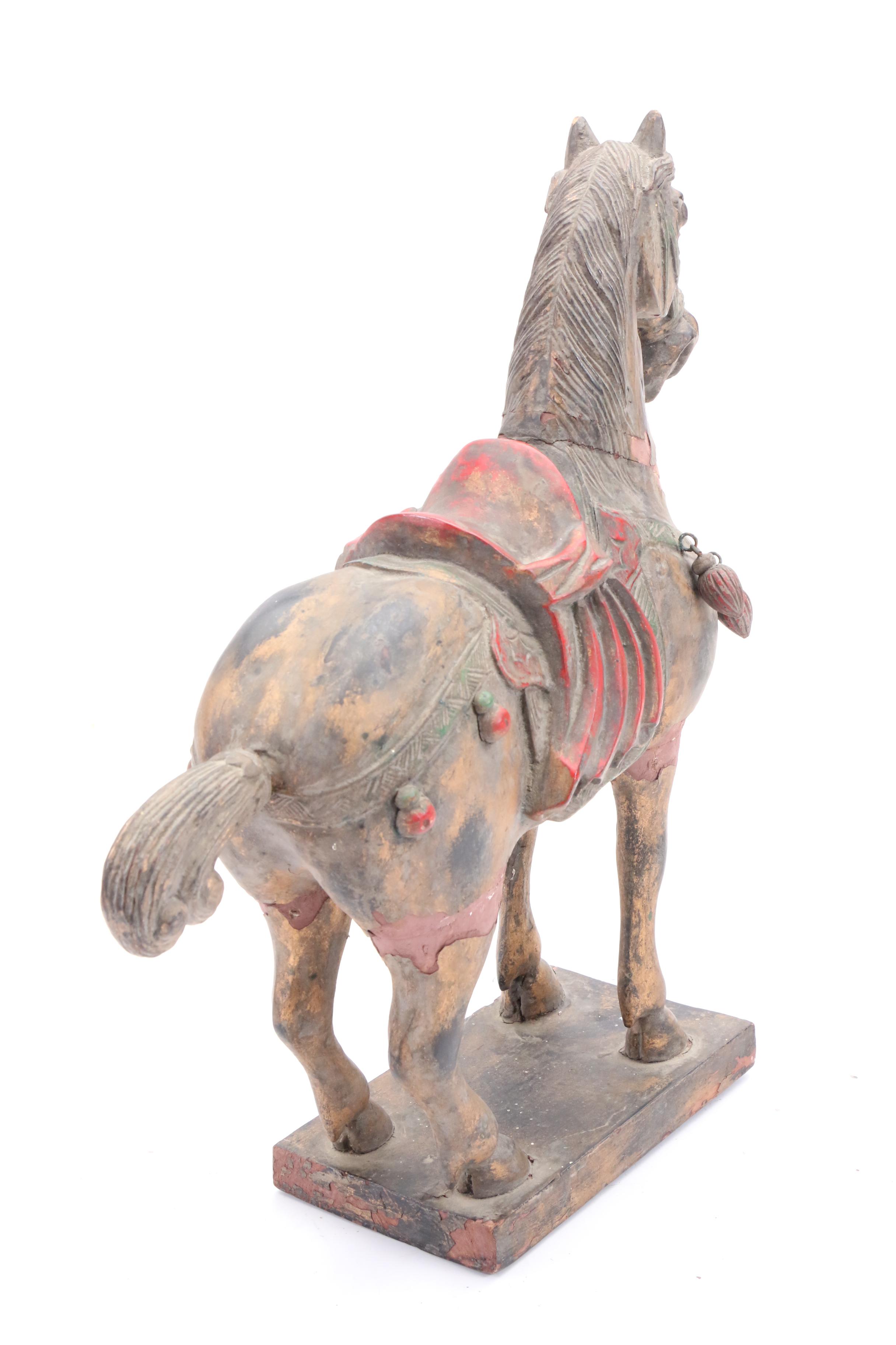 Chinese Tang Dynasty Inspired Carved and Painted Wooden Horse EBTH