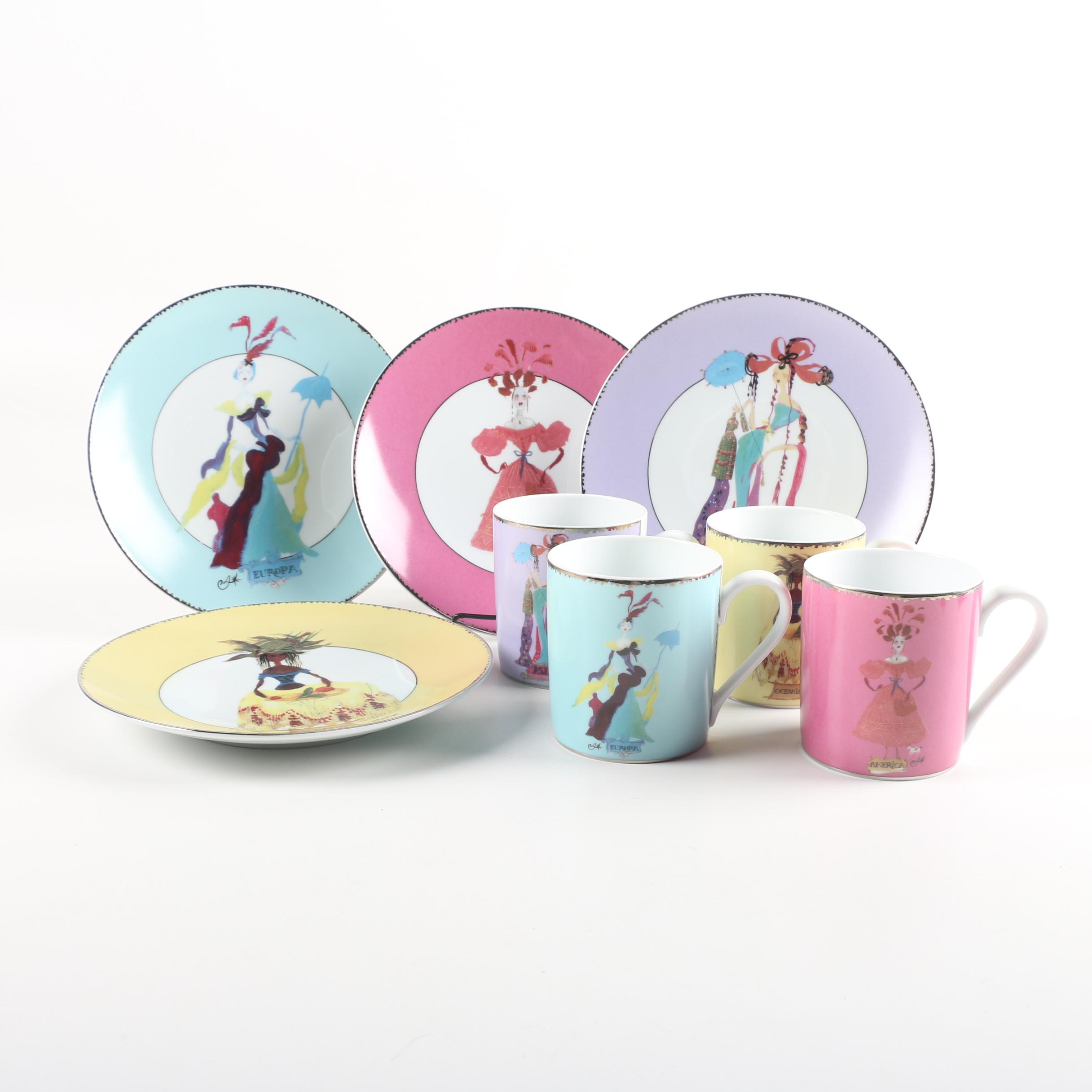 Christian Lacroix " Five Continents" Porcelain Salad Plates and Mugs EBTH
