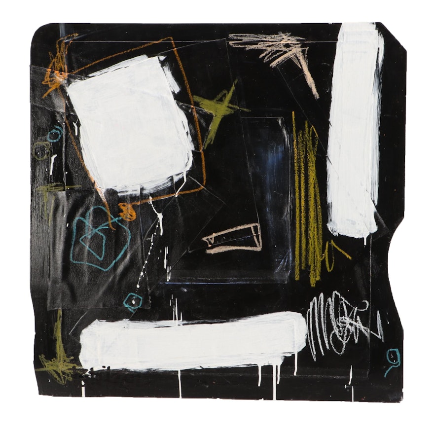 Robbie Kemper Abstract Mixed Media on Wood "White Patch with Marks"