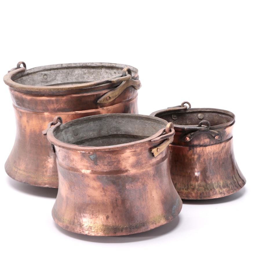 Vintage Copper Cauldrons with Brass Handles