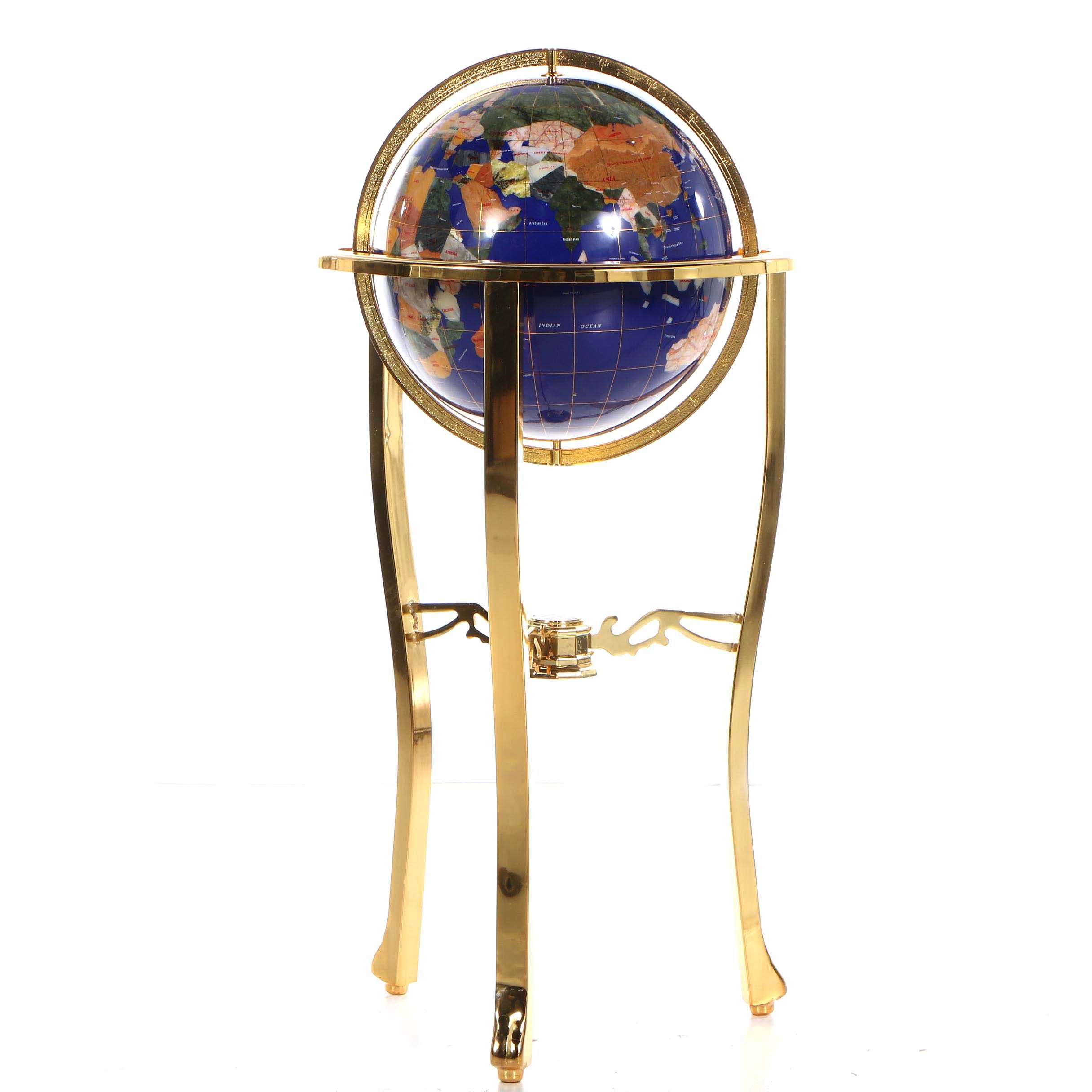 Standing Floor Globe with Stone Inlay and Brass Stand EBTH