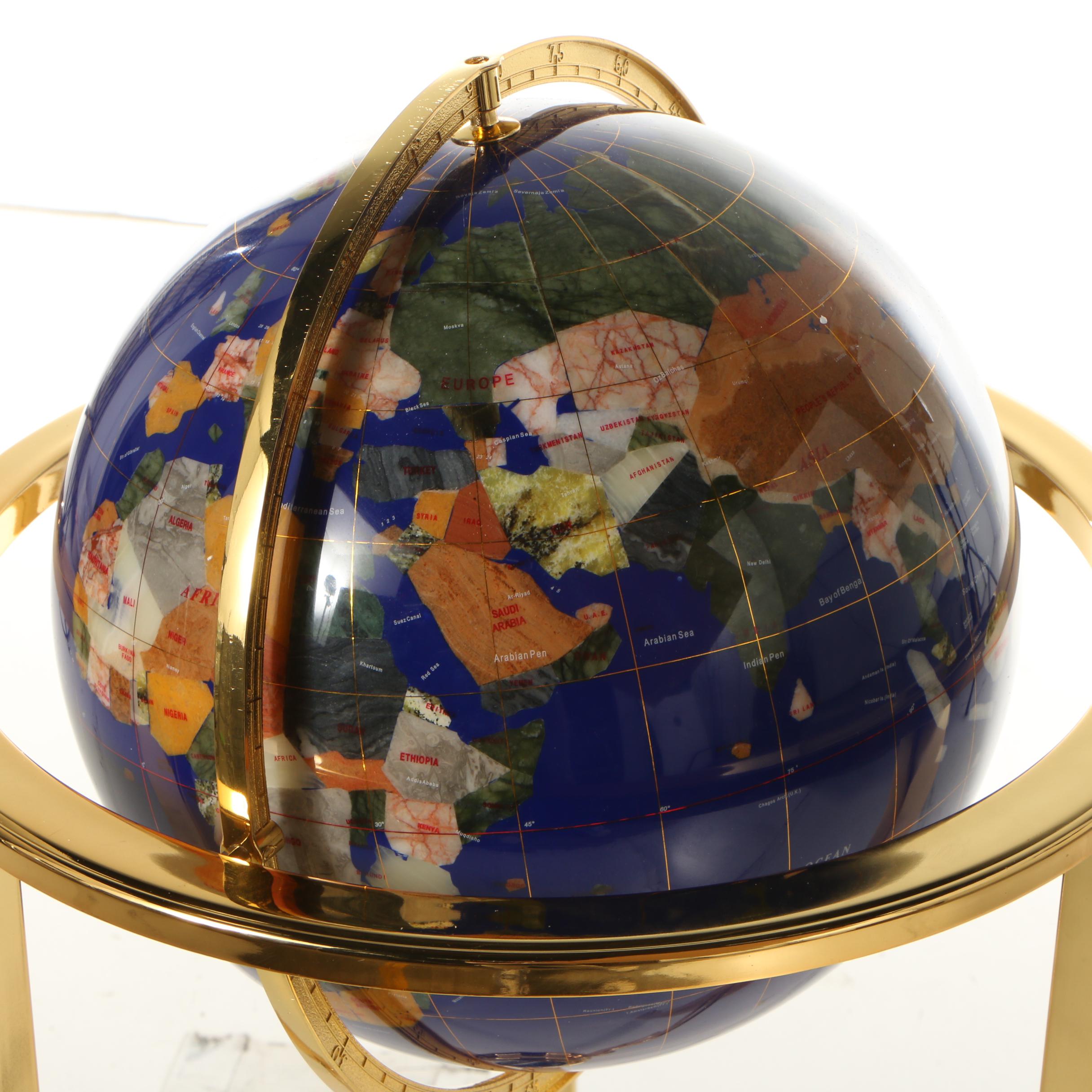 Standing Floor Globe with Stone Inlay and Brass Stand EBTH