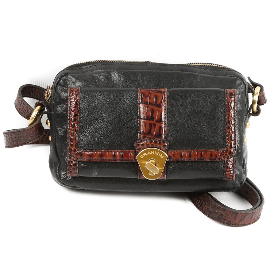 Vintage Brahmin Black Leather and Embossed Brown Leather Baguette Crossbody Bag : EBTH
