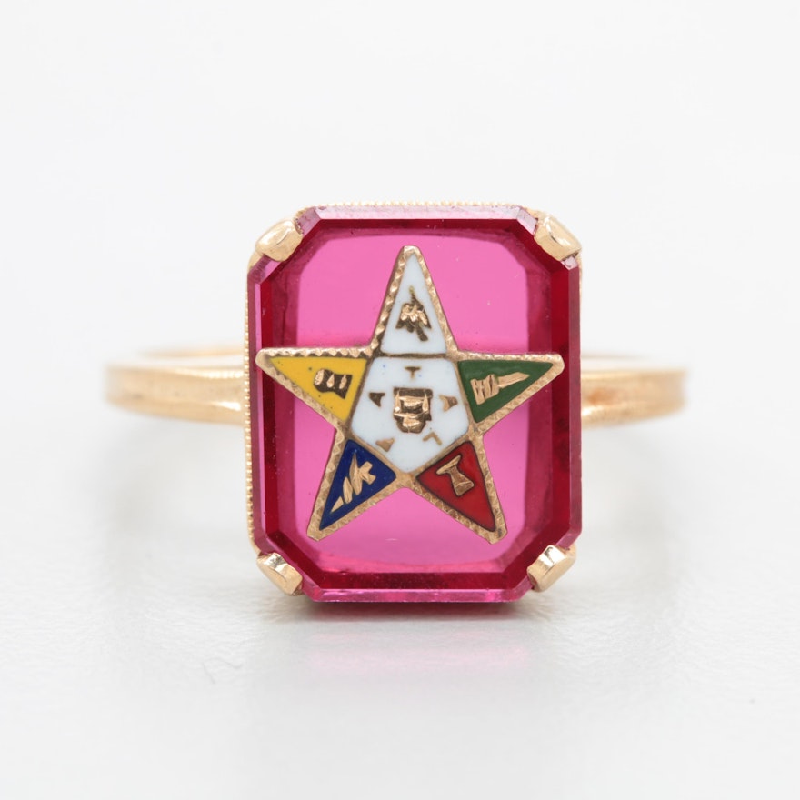 14K Yellow Gold Synthetic Ruby and Enamel Masonic Ring