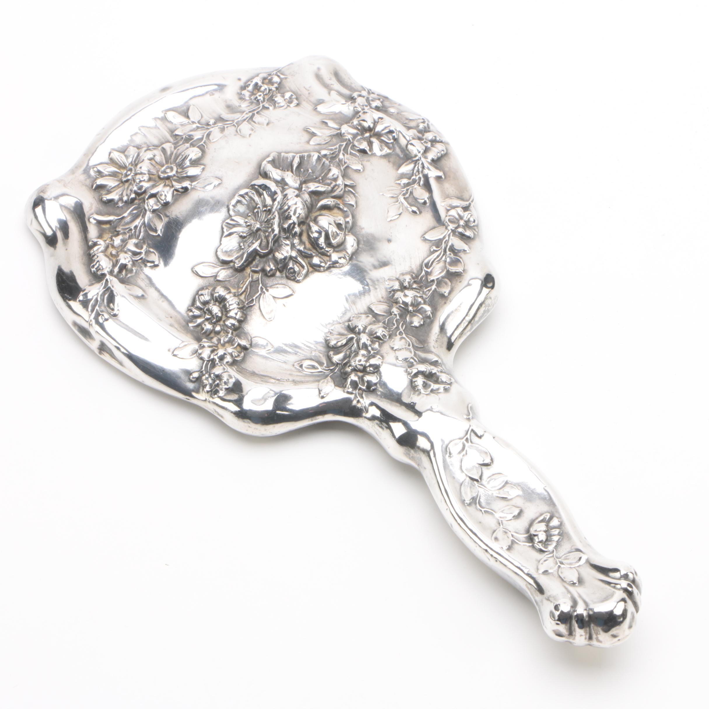 Vintage Sterling Silver Floral Motif Vanity Hand Mirror EBTH