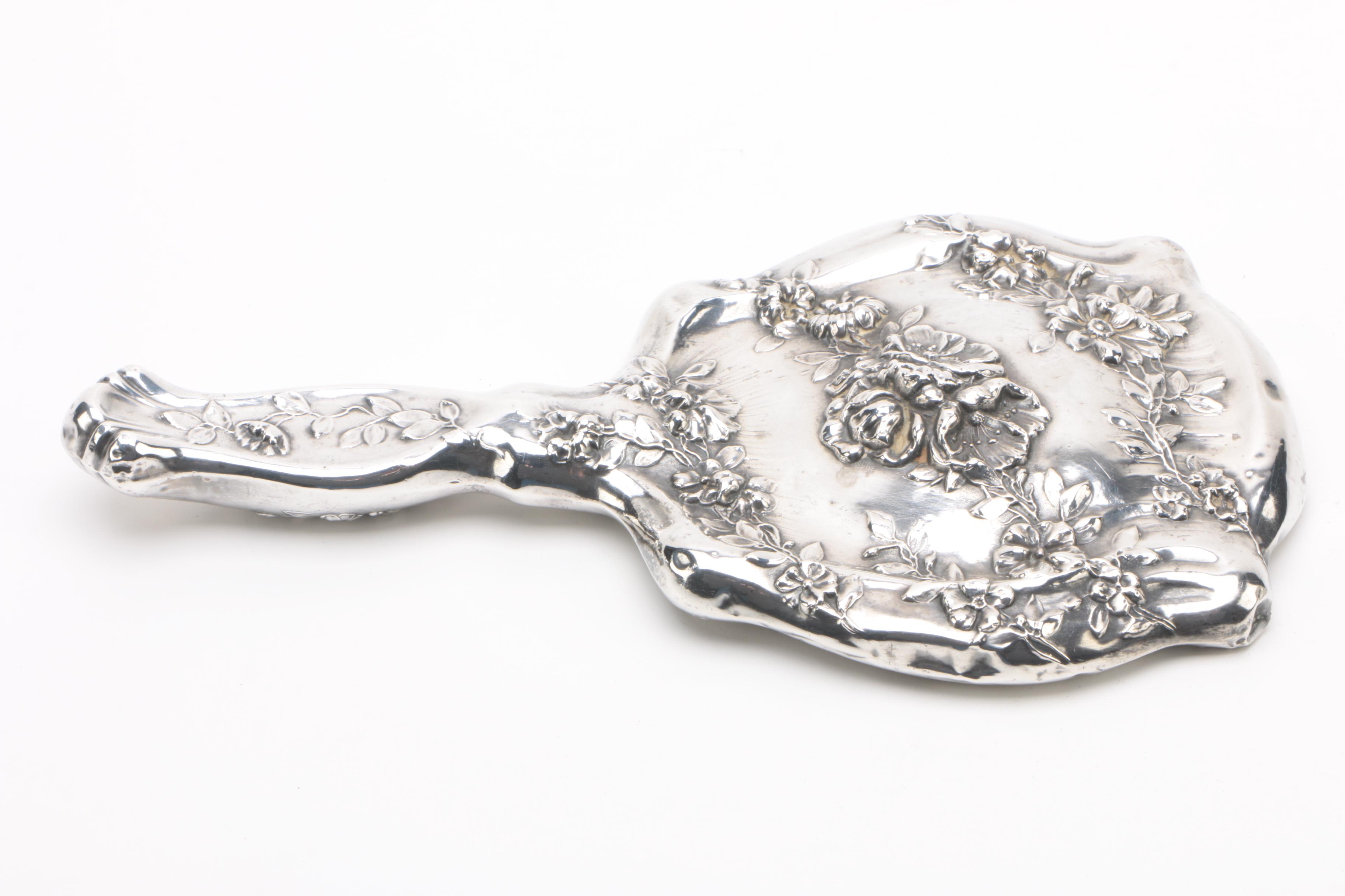 Vintage Sterling Silver Floral Motif Vanity Hand Mirror EBTH