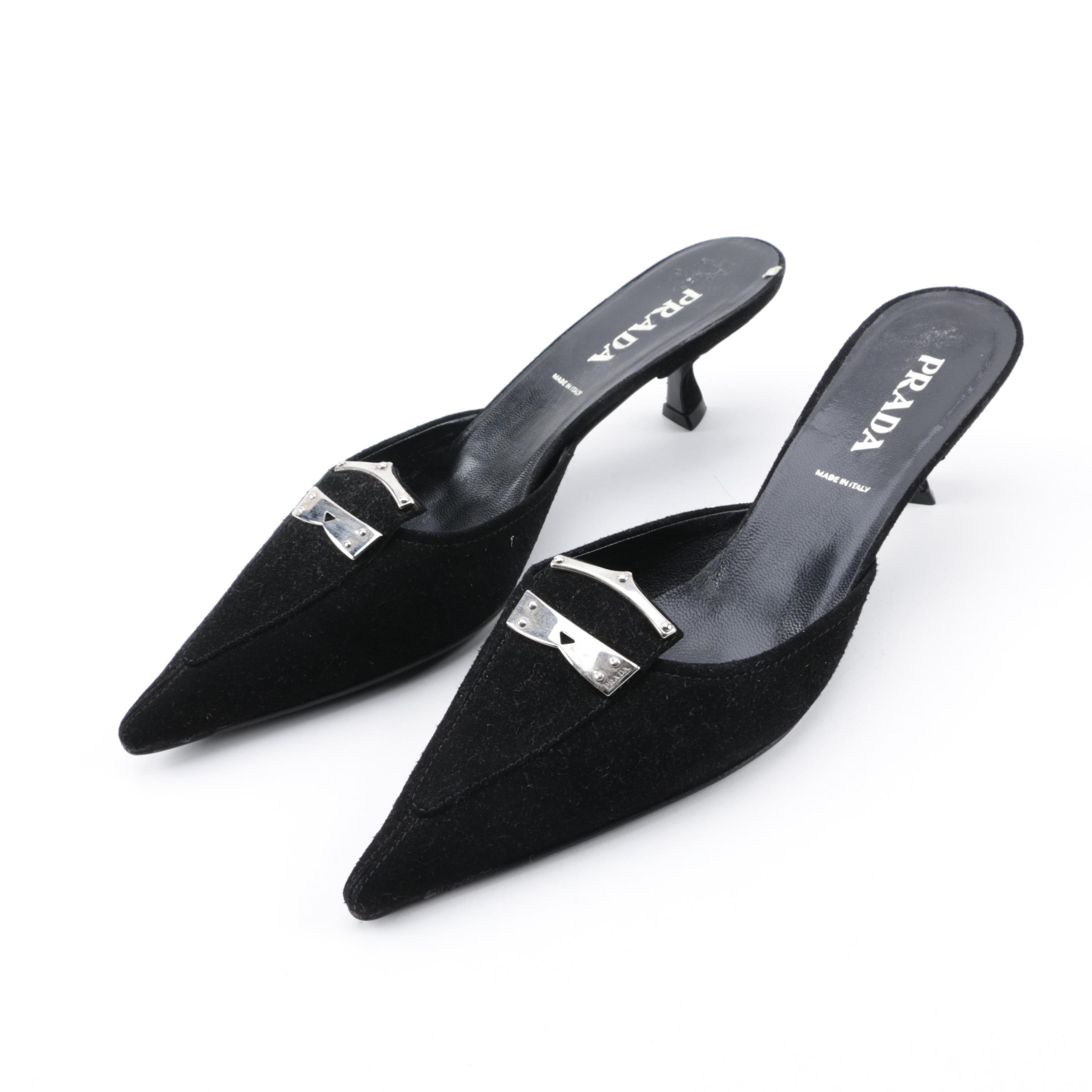 Prada Black Suede Kitten Heel Mules | EBTH