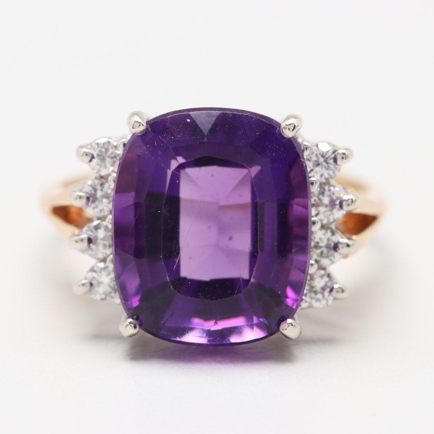 14K Two Tone Gold Amethyst and Diamond Ring