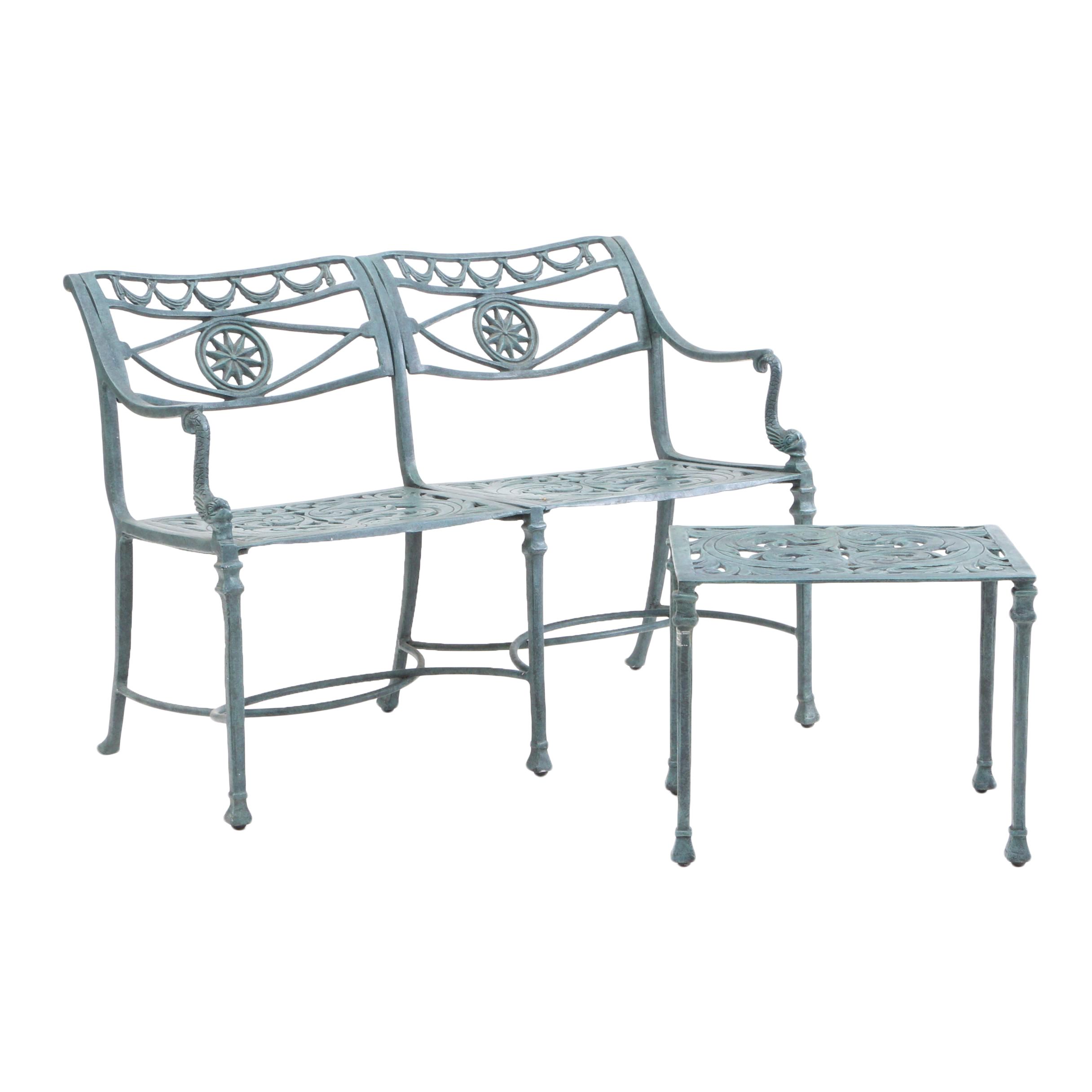 Green Metal Patio Settee And Table By Cast Classics Landgrave Ebth