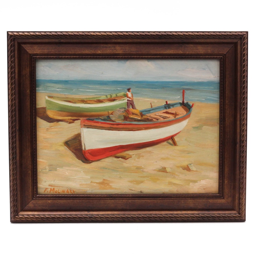 F. Molinari 1930's Oil Painting of Boat on The Mediterranean