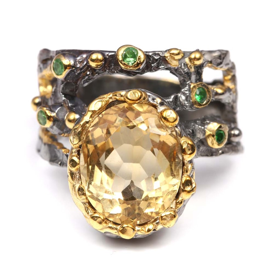 Sterling Silver 4.58 CT Citrine and Peridot Ring with Gold Wash Accents