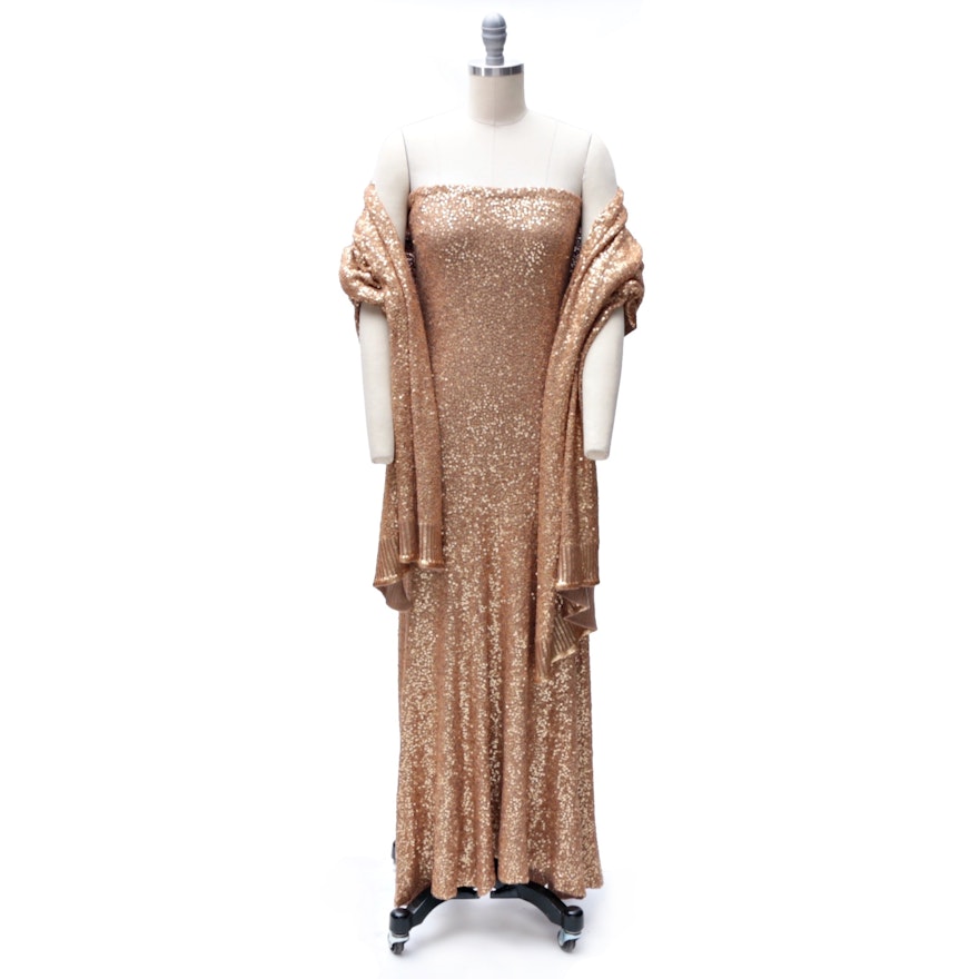Donna Karan New York Label Gold Sequined Cashmere Gown and Wrap