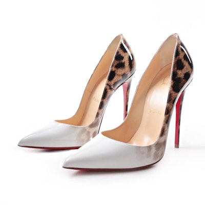 Christian Louboutin "So Kate" White and Leopard Patent Leather Heels