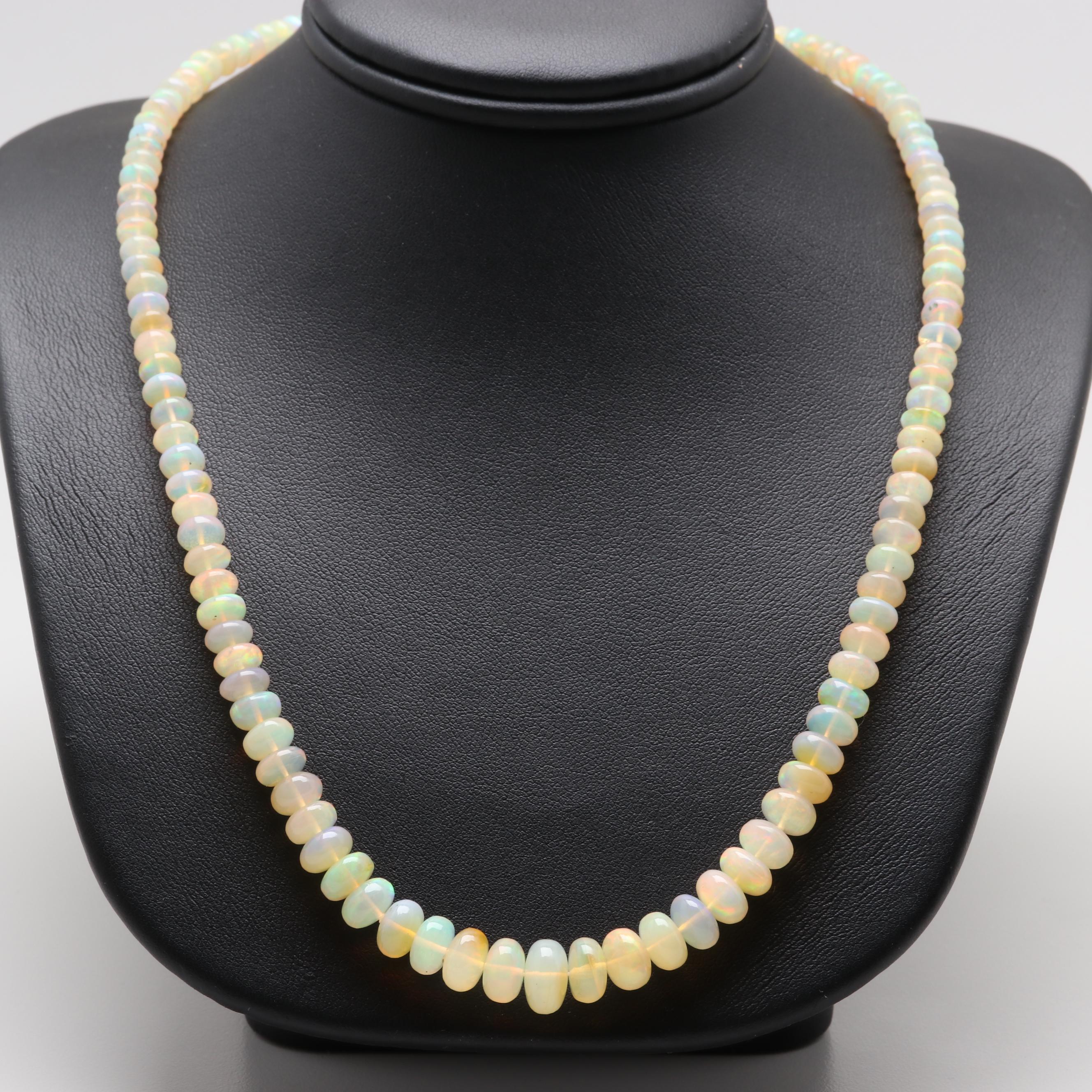 14K White Gold Graduated Opal Beaded Necklace with Diamond Accent EBTH