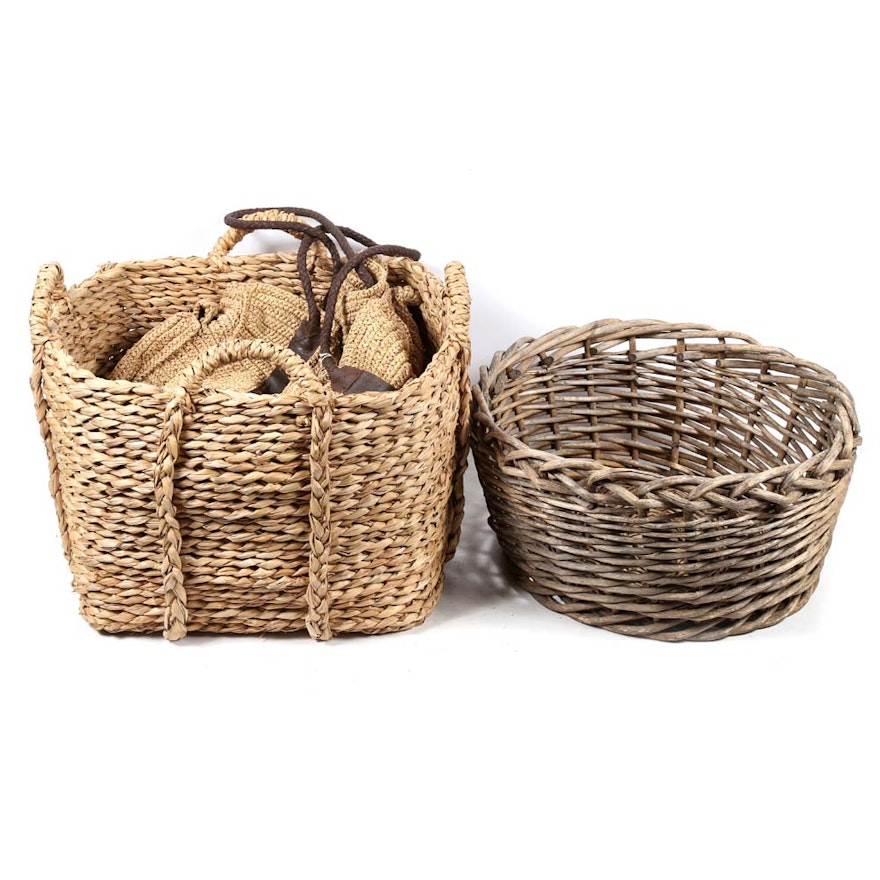 Large Decorative Baskets With Woven Jute Tote Ebth
