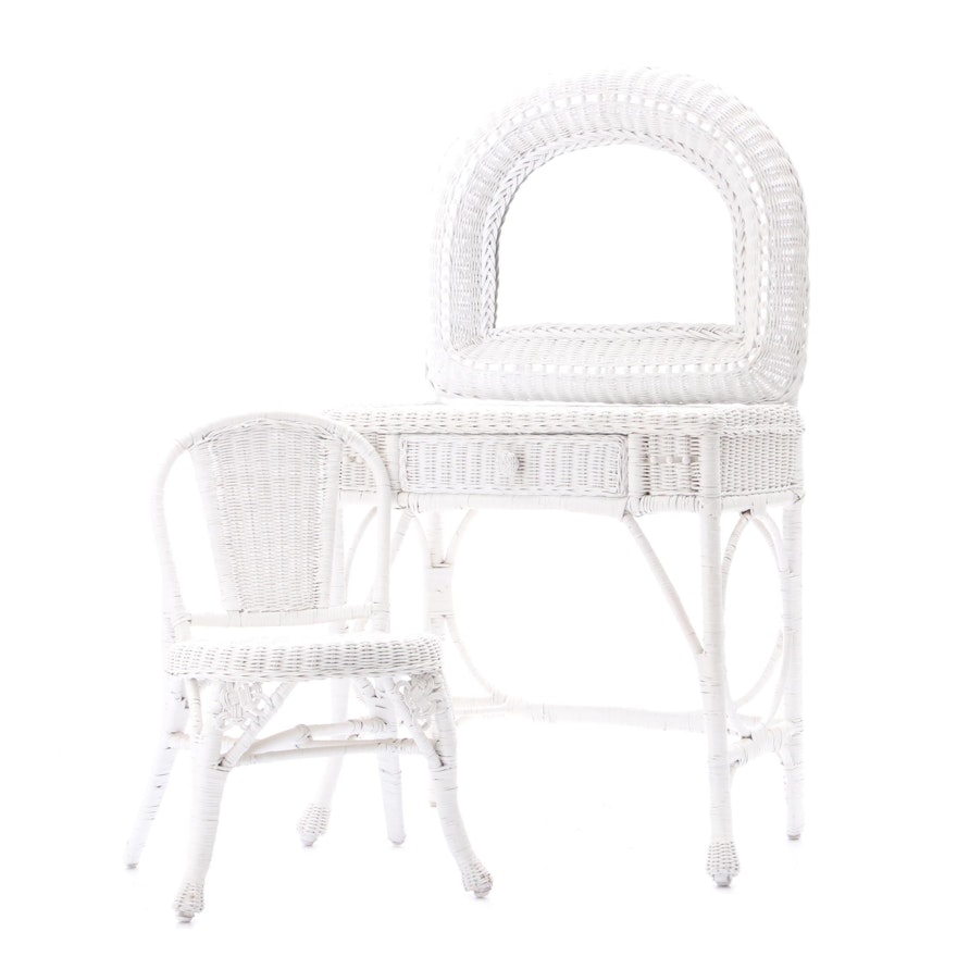 Wicker Vanity Set with Chair in White