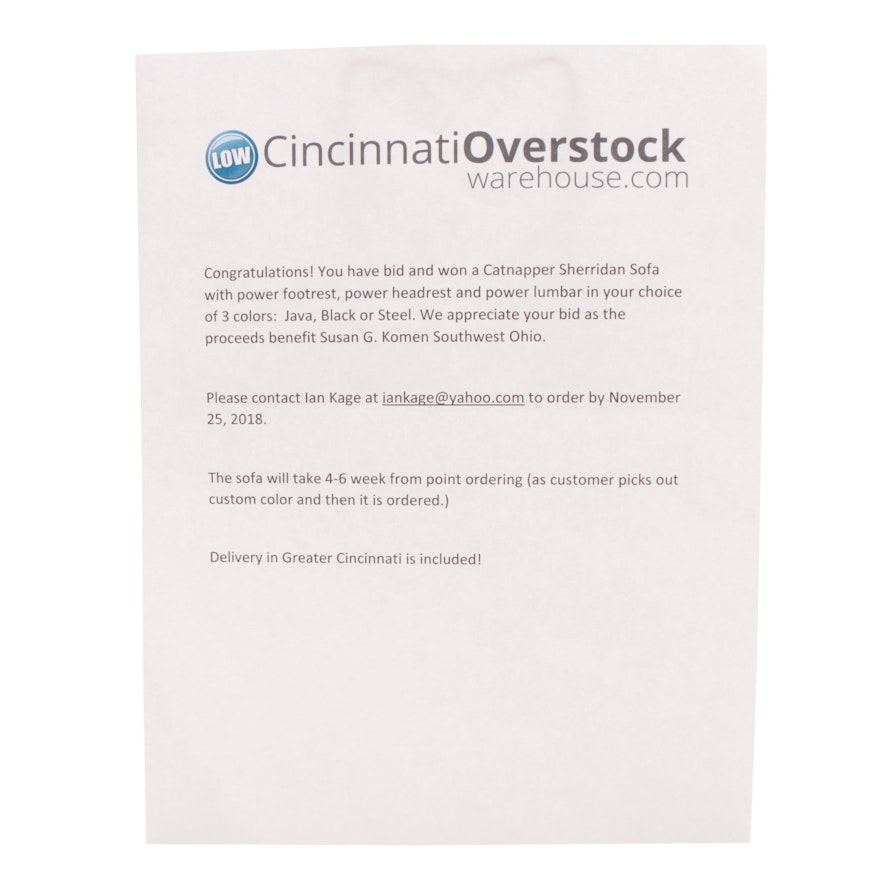 Catnapper Sherridan Sofa from Cincinnati Overstock - Certificate