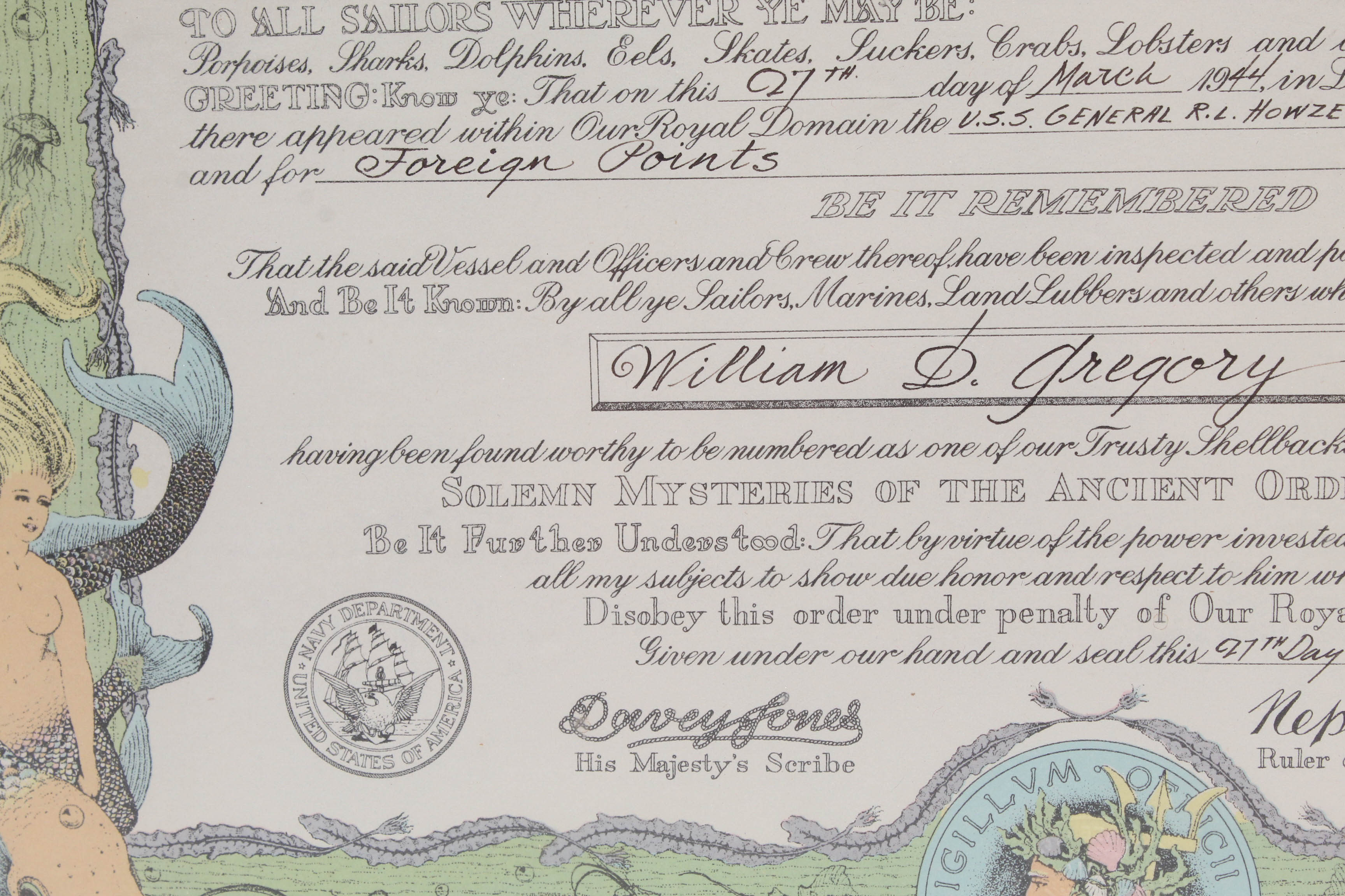 1944 U S Navy quot Shellback quot Equatorial Crossing Certificate EBTH