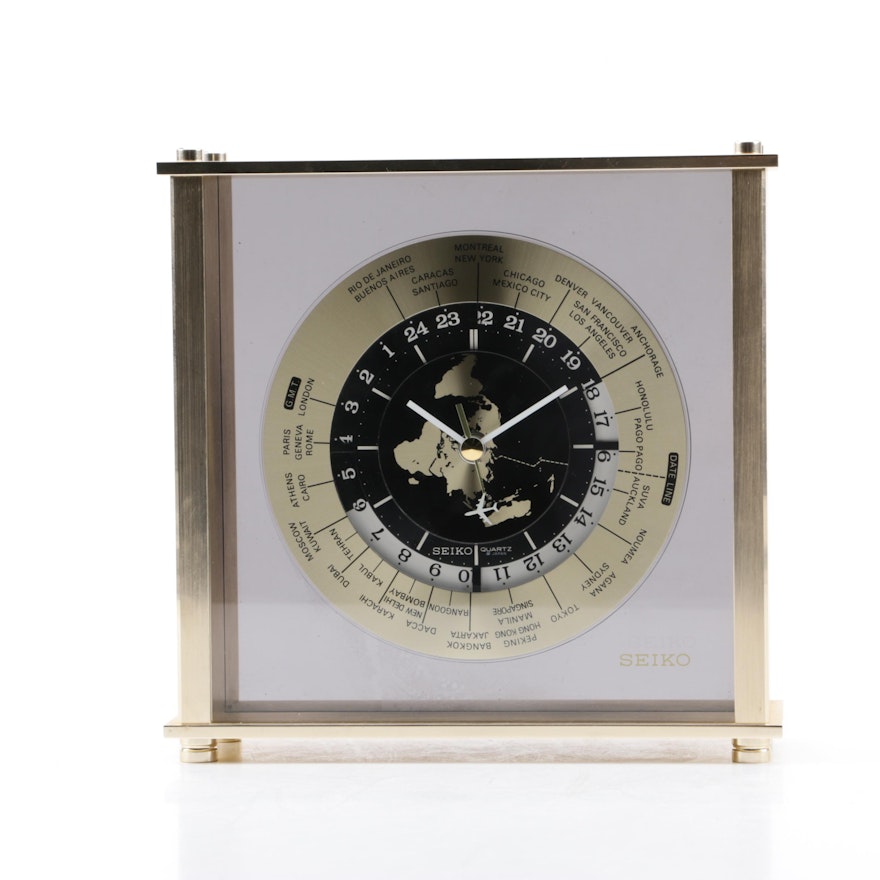 Seiko Brushed Brass Desk Clock With World Time Zones Ebth