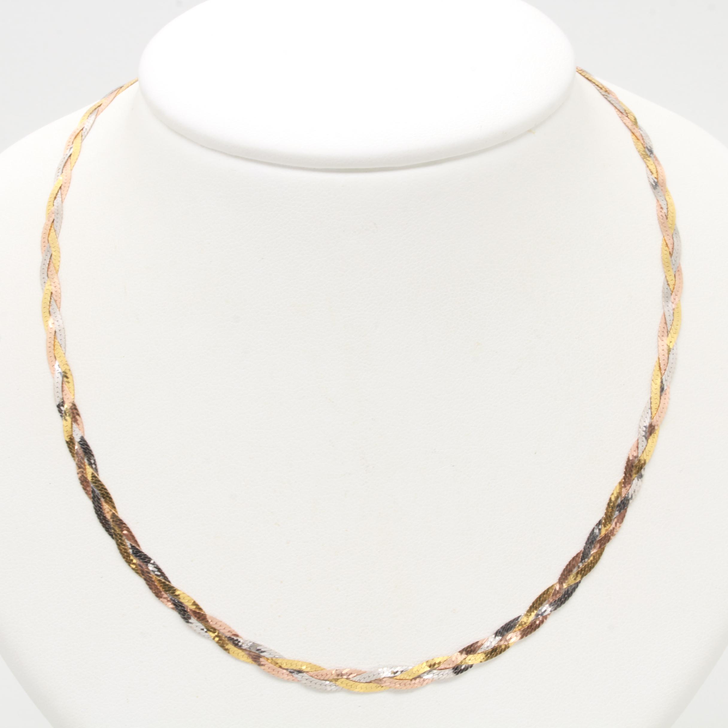 14K TriColor Gold Herring Bone Braided Necklace EBTH