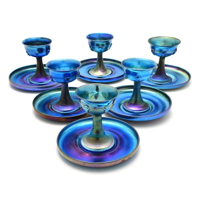 Set of Six Tiffany Studios Blue Favrile Glass Footed Compotes and Underplates