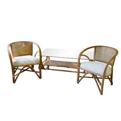 Deco Revival Armchairs and Smoky Glass Top Coffee Table, 20th Century Deco Revival Armchairs and Smoky Glass Top Coffee Table, 20th Century