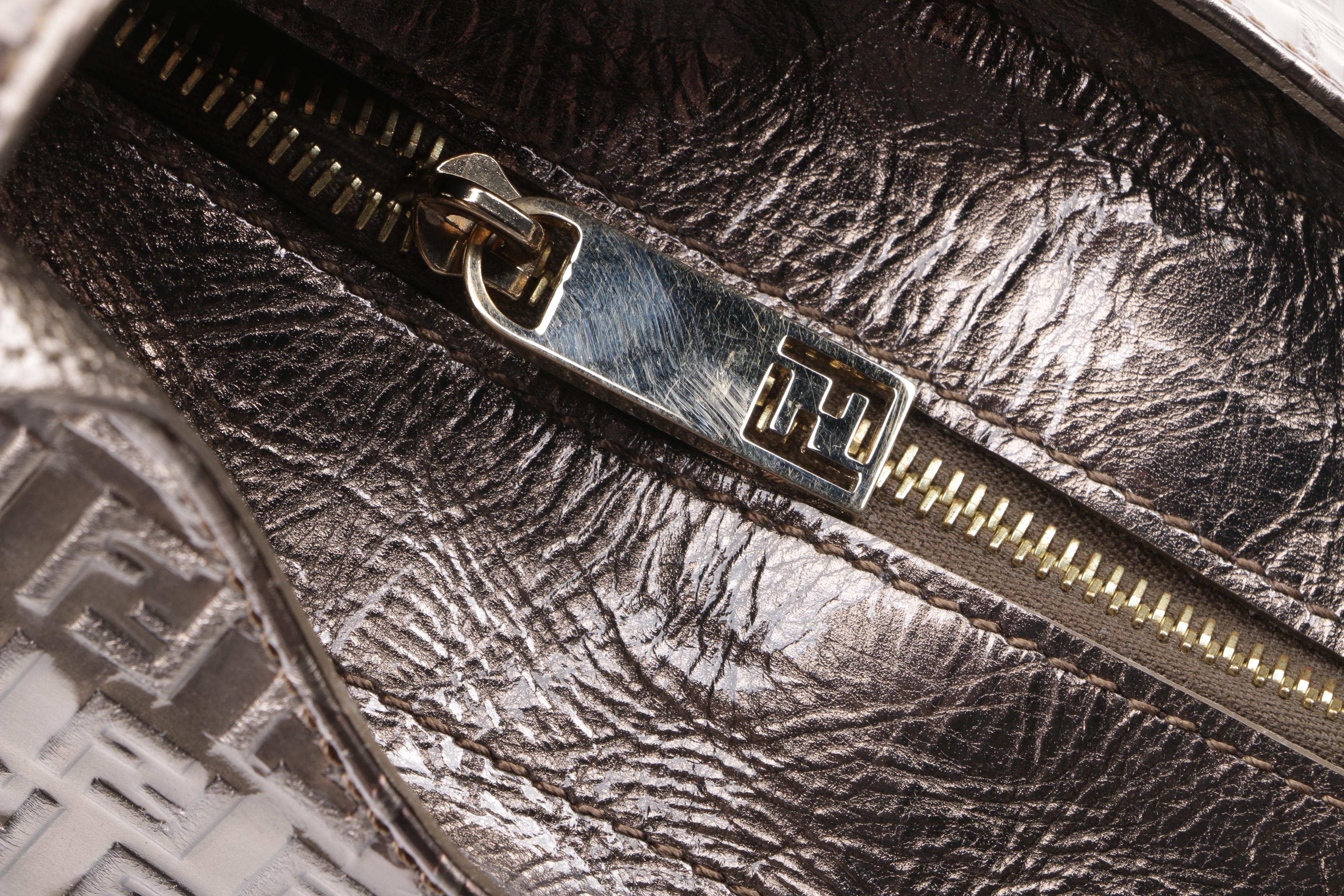 fendi bronze metallic ff embossed leather hobo bag