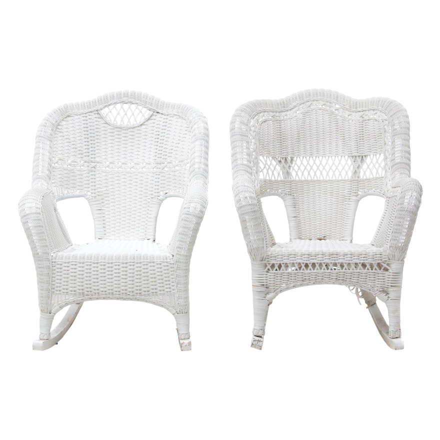 Pair of White Wicker Patio Rocking Chairs