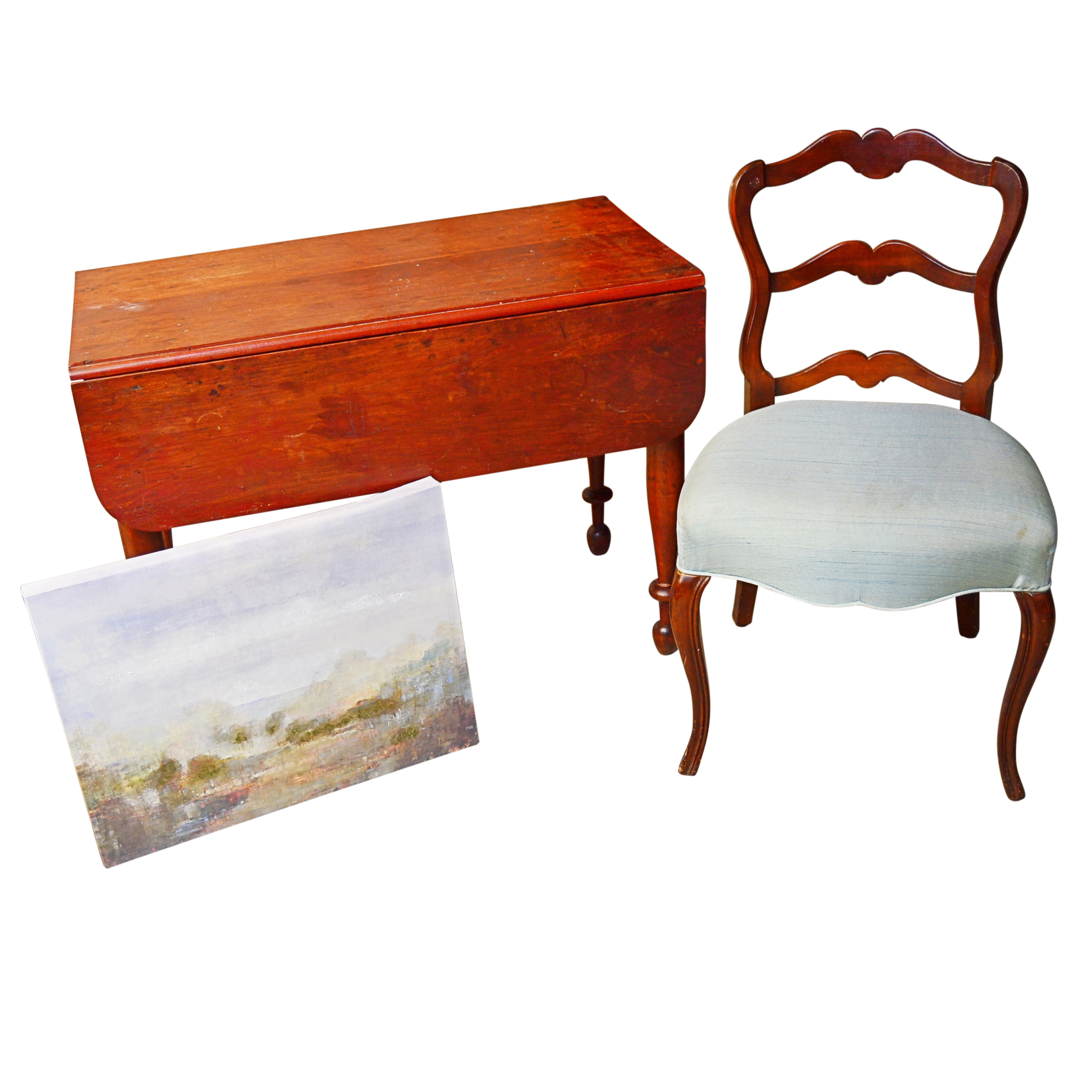 Antique Drop Leaf Table Queen Anne Style Chair And Modern Painting