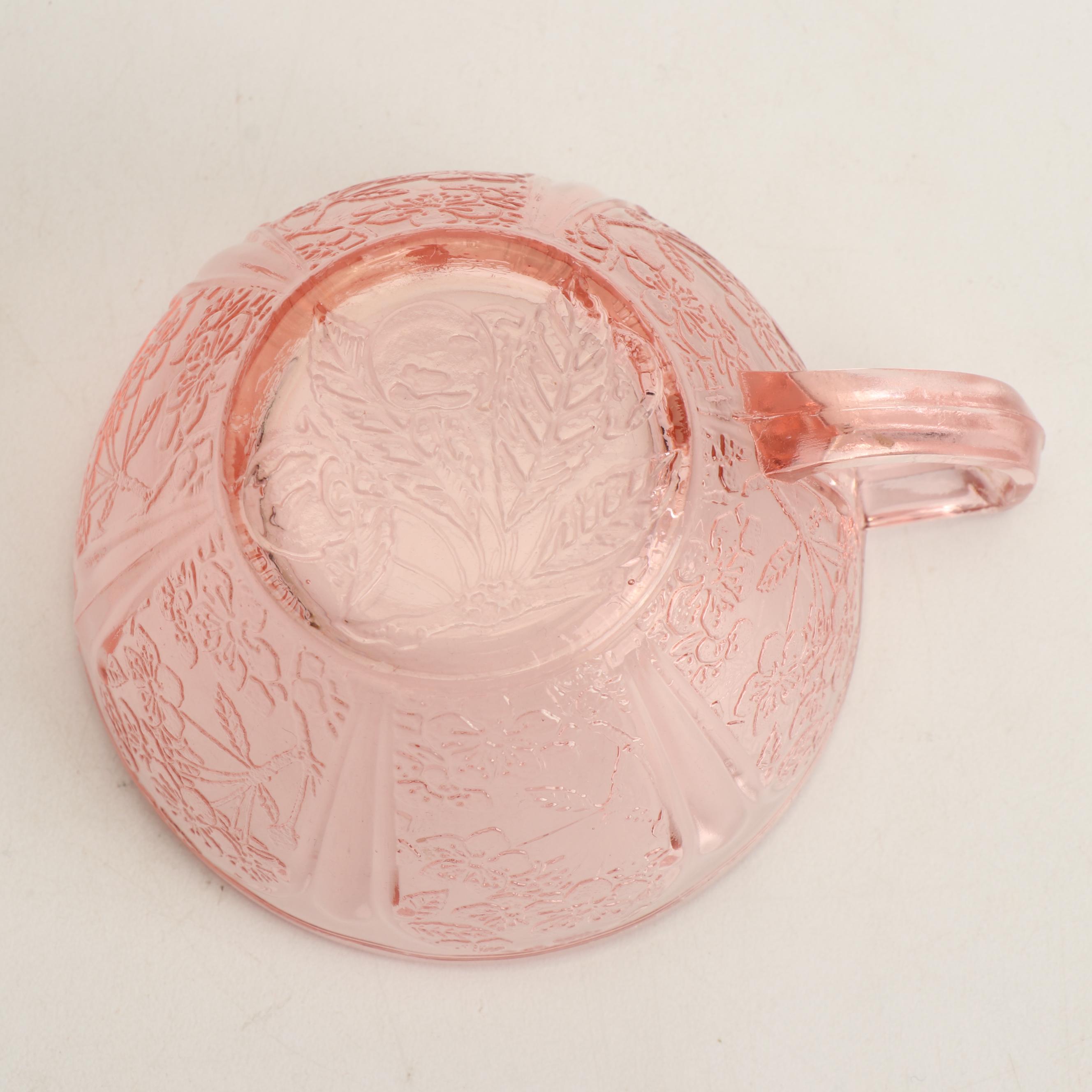 "Cherry Blossom" Pink Depression Glass Cups and Saucers EBTH