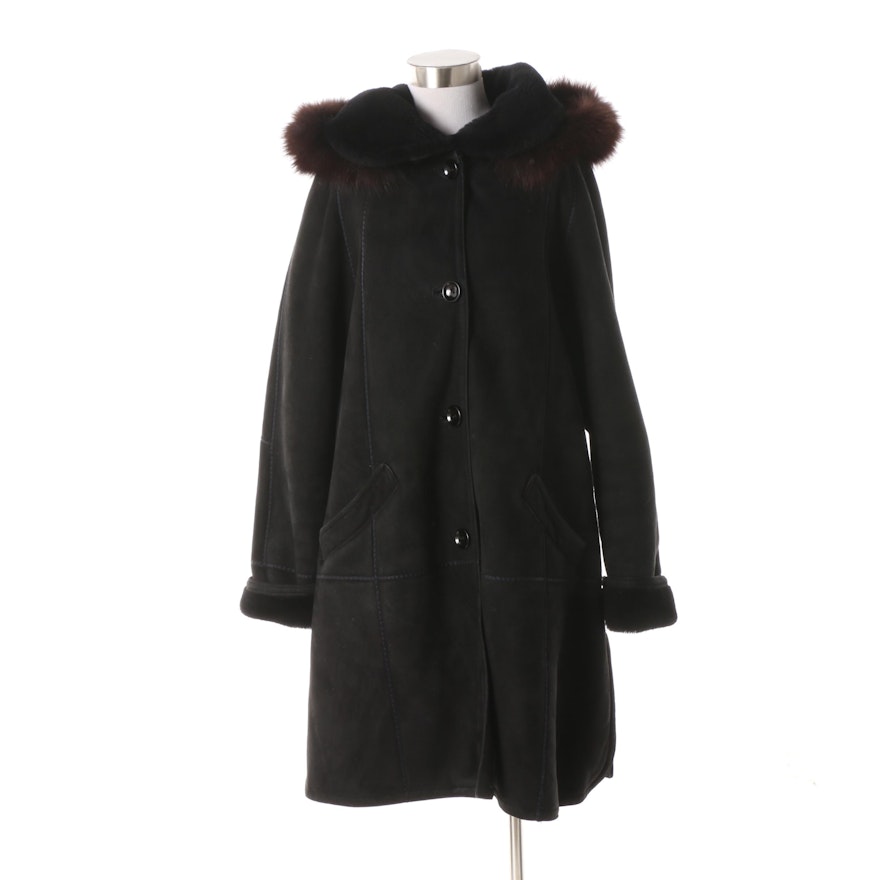 Women's Toppolino Black Suede Shearling Lined Coat with Fox Fur Trimmed ...