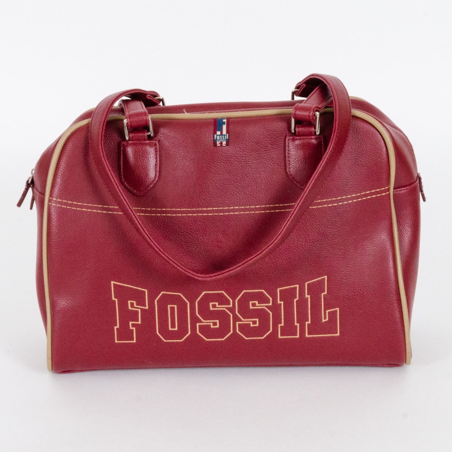 Fossil Red Pebble Leather Handbag With Beige Trim Ebth Fossil Red Pebble Leather Handbag With Beige Trim