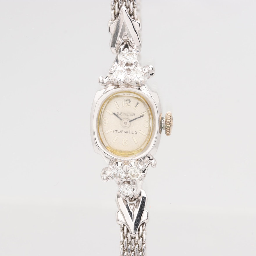 Vintage Swiss 14K White Gold Diamond Stem Wind Wristwatch
