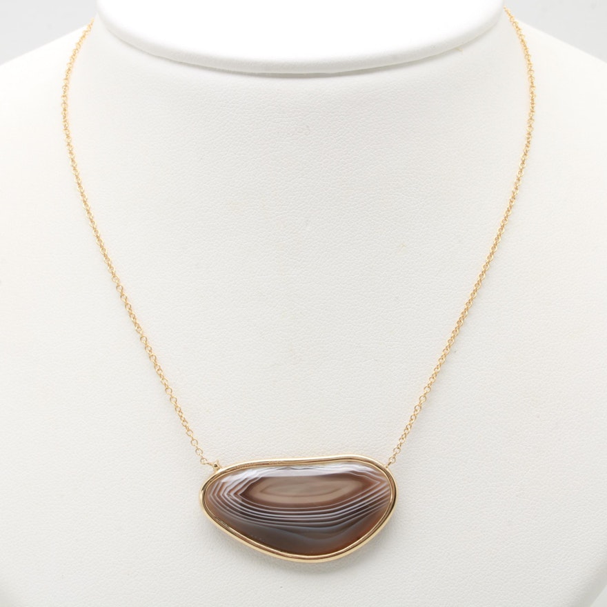 14K Yellow Gold Agate and Diamond Pendant Necklace