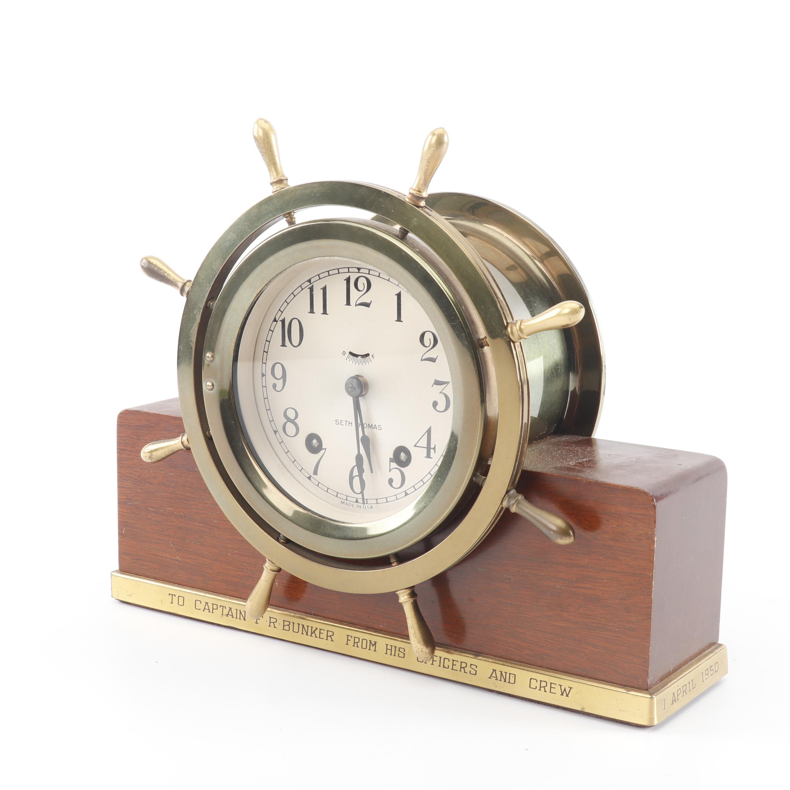 Commemorative Uss President Adams Seth Thomas Ship S Wheel Clock Mid Century Ebth