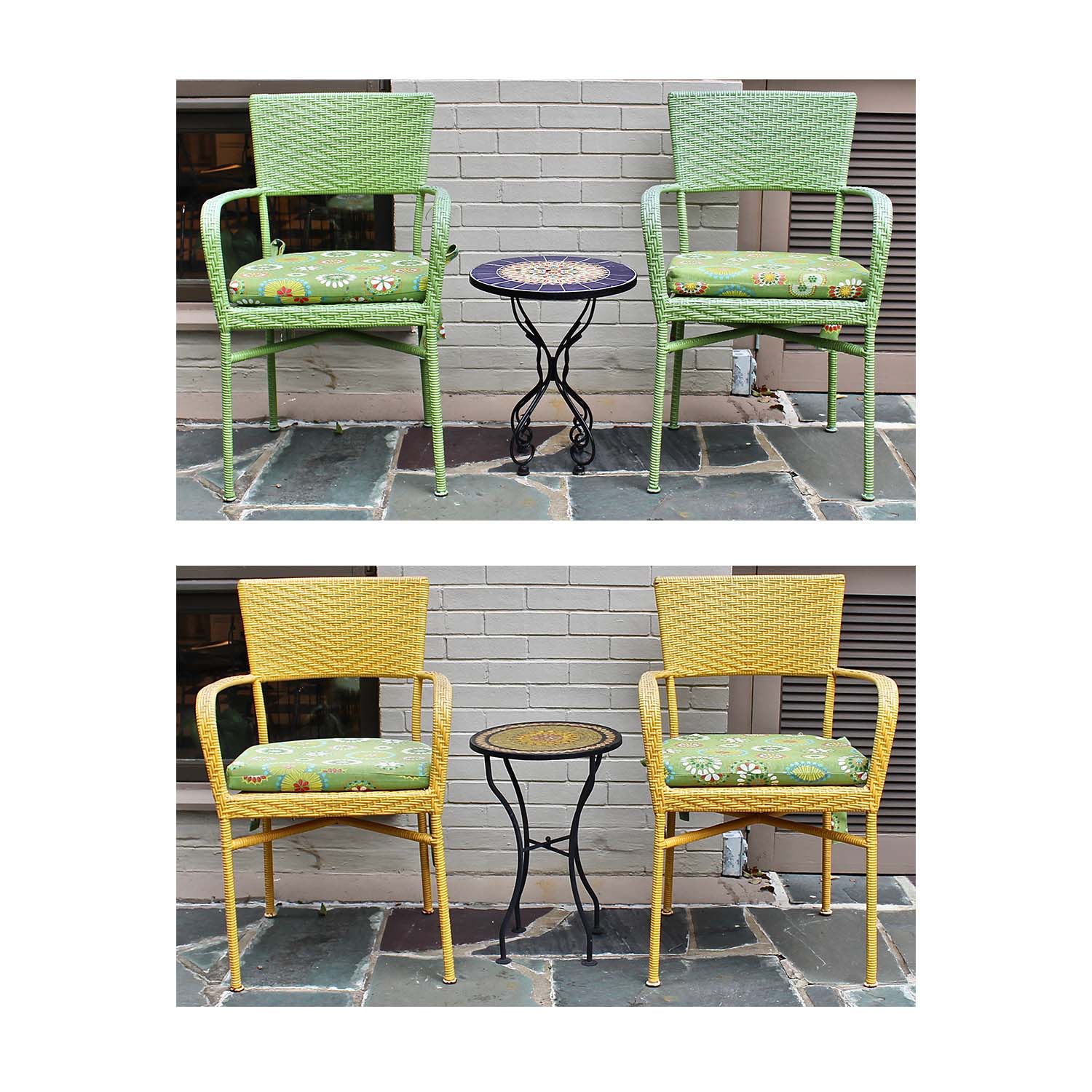 Outdoor Bistro Chairs Mosaic Side Tables By Pier 1 And Patio Umbrella 20th C