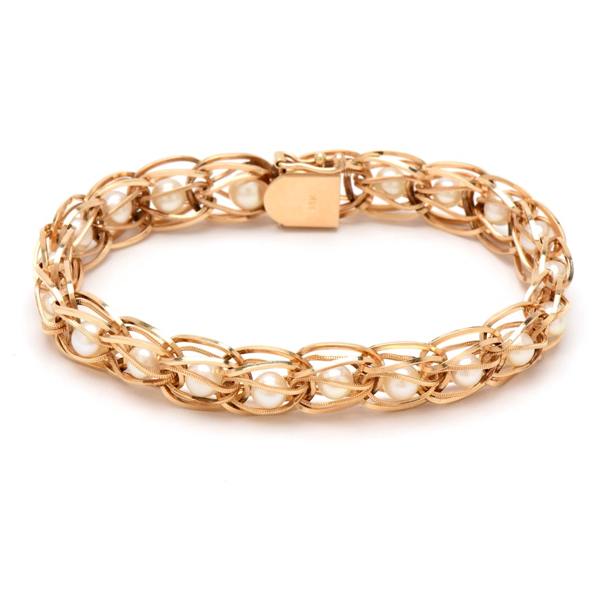 1950s 14K Yellow Gold Cultured Pearl Fancy Link Bracelet