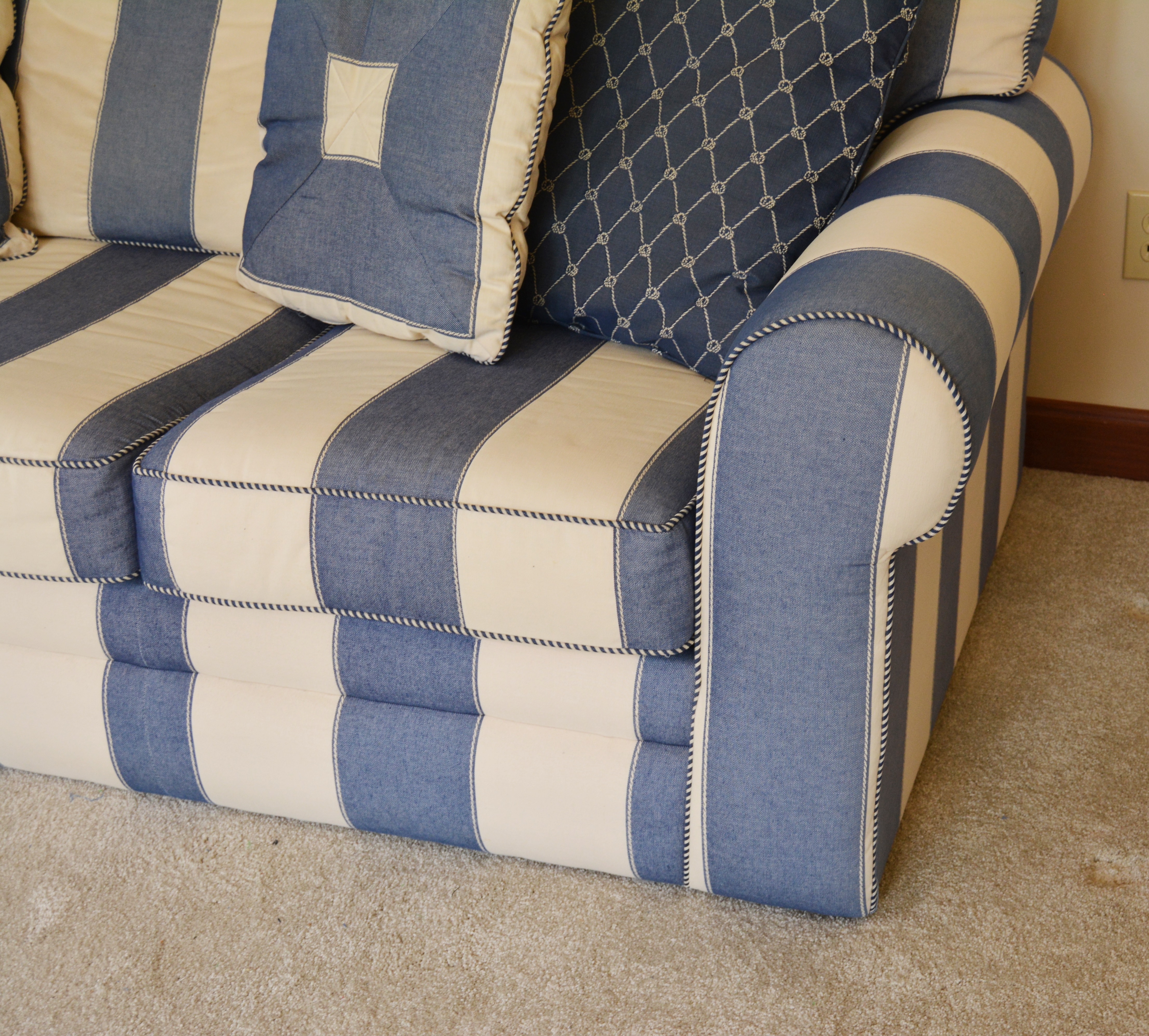 Denim Blue and Cream Striped Sofa by J.G. Hook for Bassett Furniture EBTH