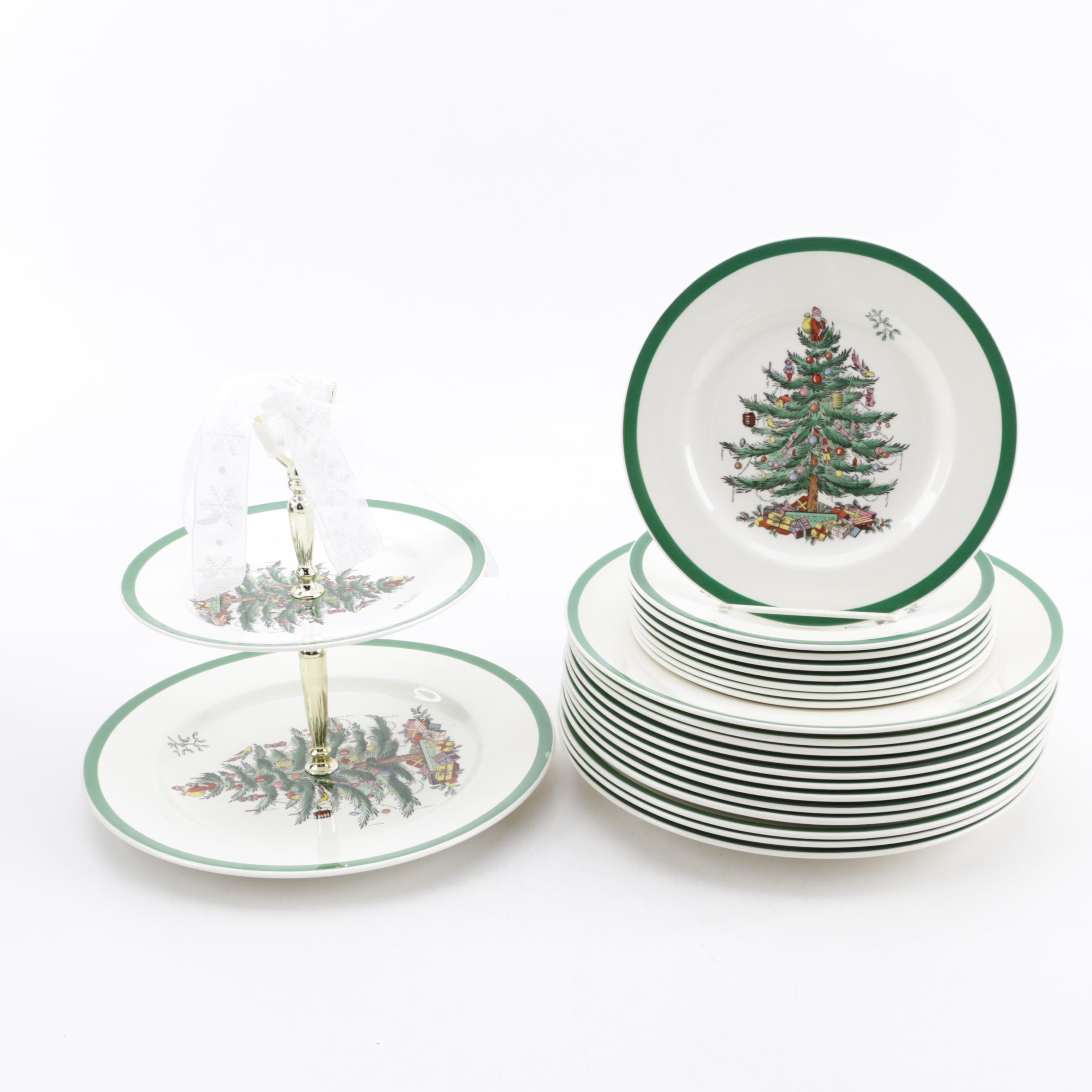 Spode "Christmas Tree" Earthenware Plates and TwoTiered Tidbit Tray EBTH