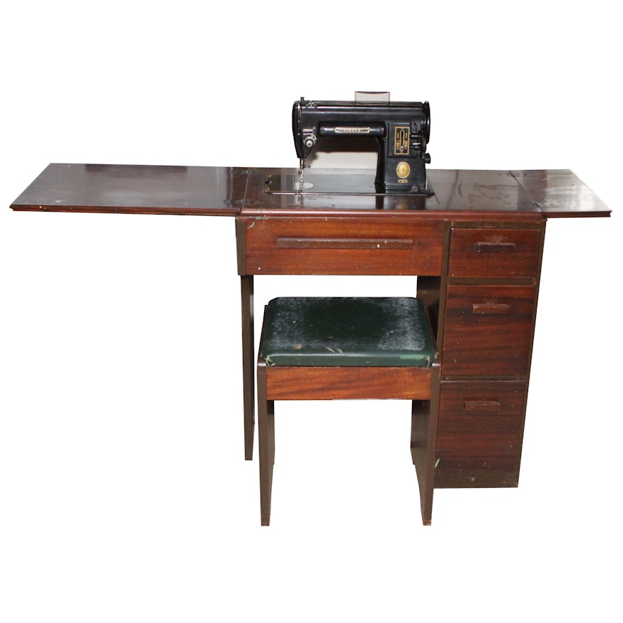 Art Deco Singer Sewing Machine And Mahogany Cabinet With Stool