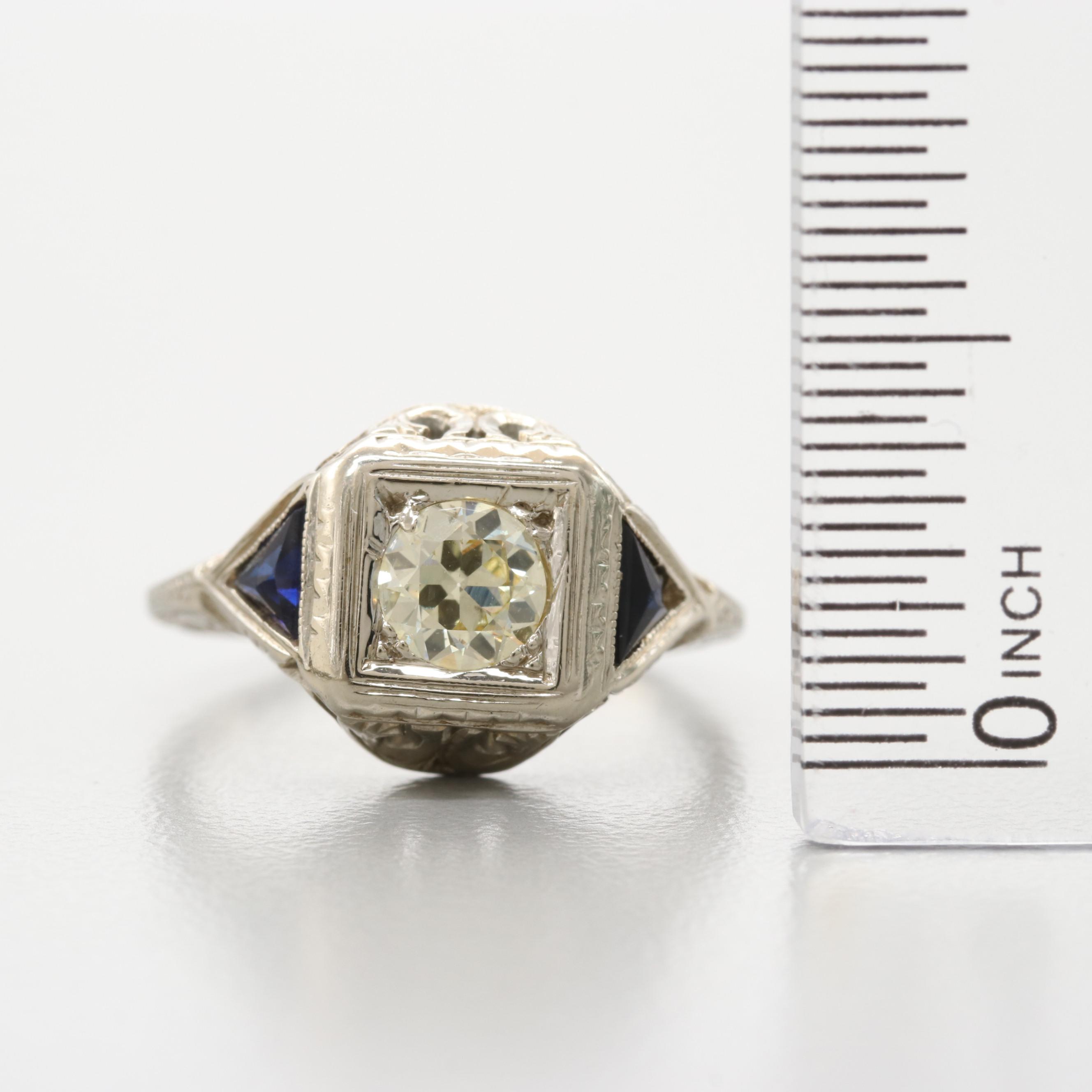 Belais Brothers Art Deco 18K White Gold Diamond And Synthetic Sapphire ...