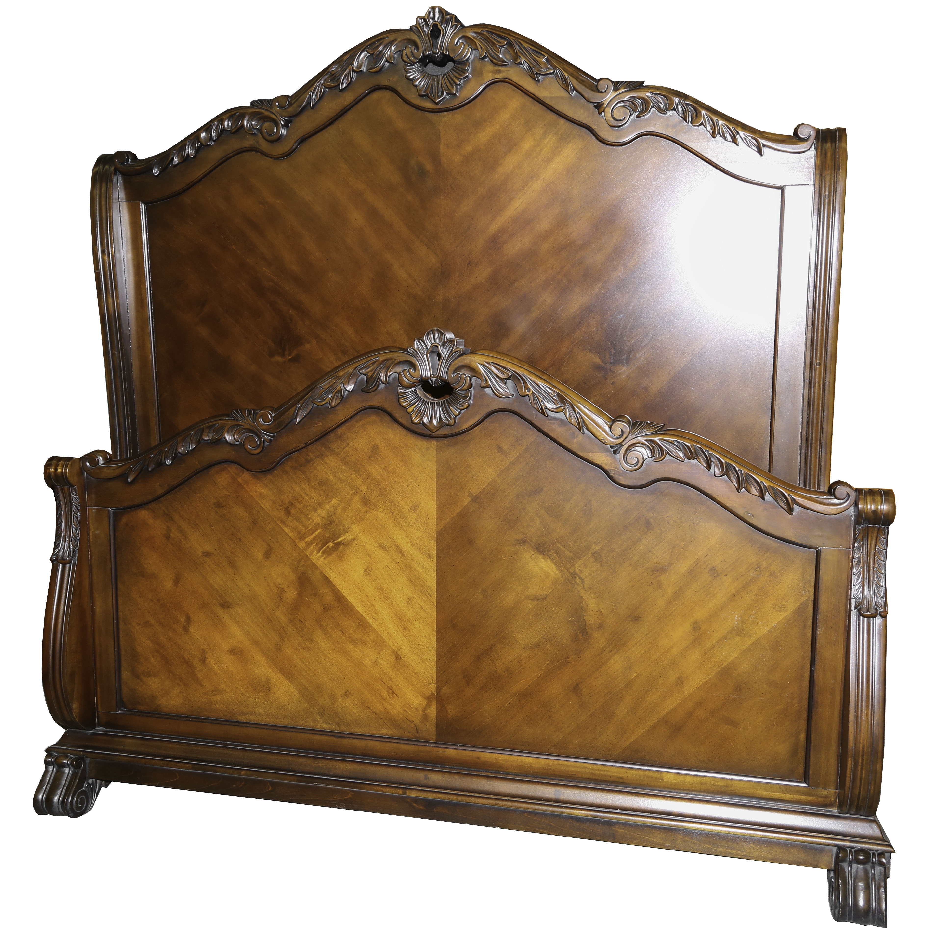 French Provincial Cherry and Burlwood Queen Size Sleigh Bed Frame, 20th