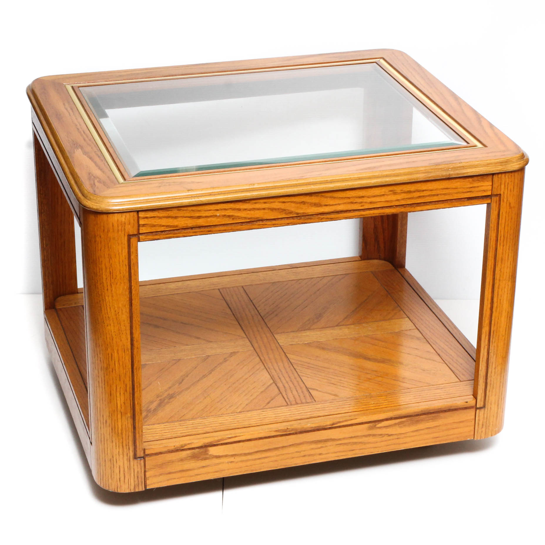 Glass Top Oak Veneer Side Table, Late 20th Century EBTH