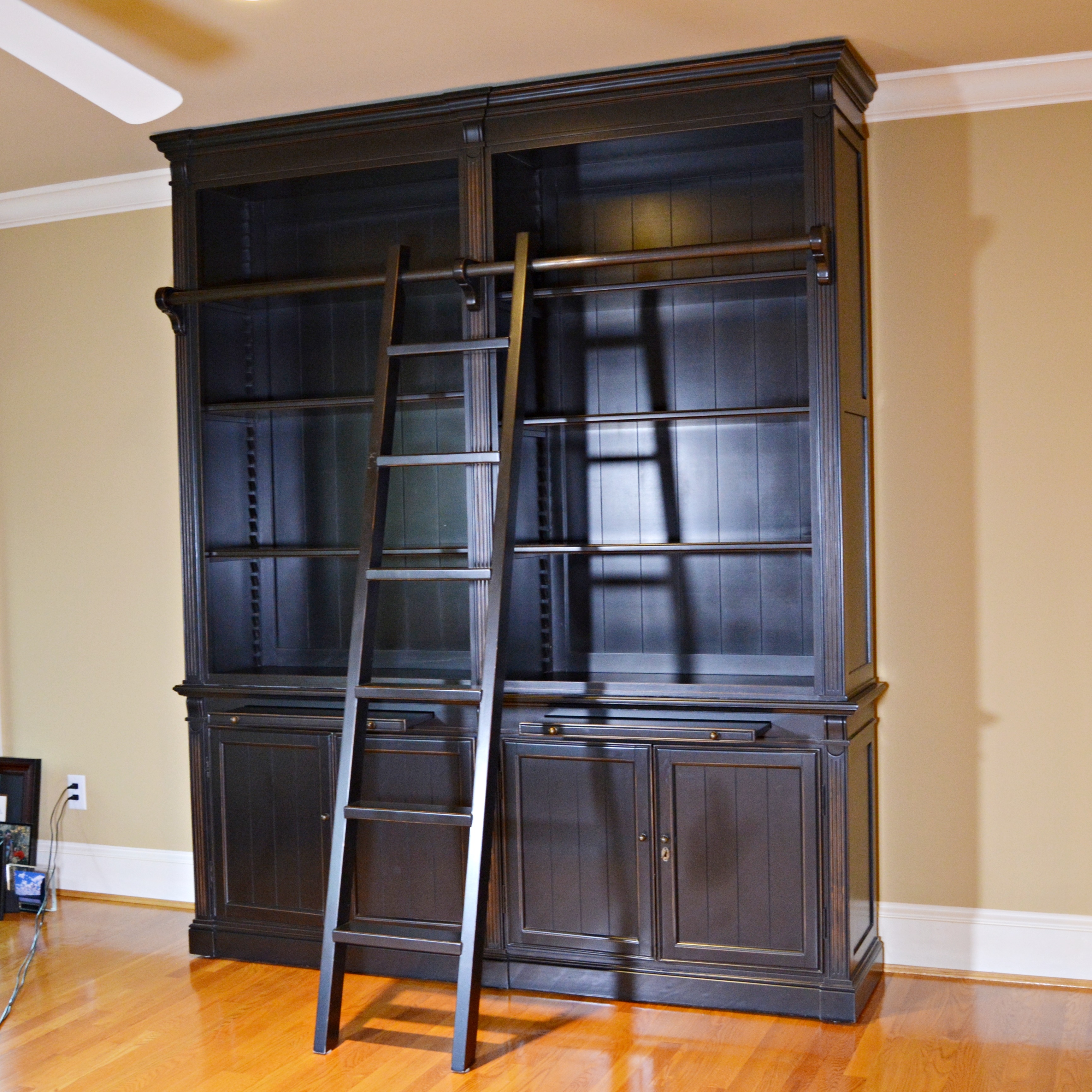 Contemporary Black Double Bookcase with Ladder by London EBTH