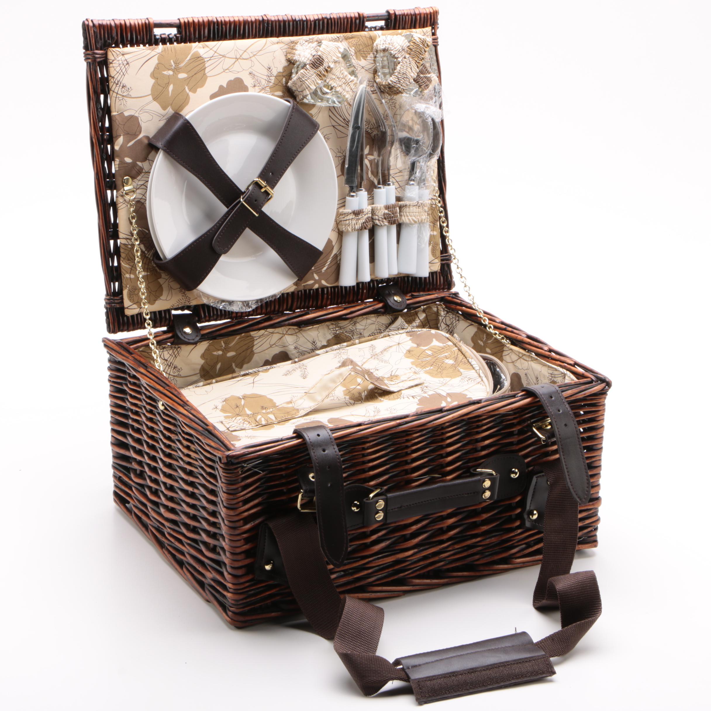 Hand Woven Willow Picnic Basket Set for Two EBTH