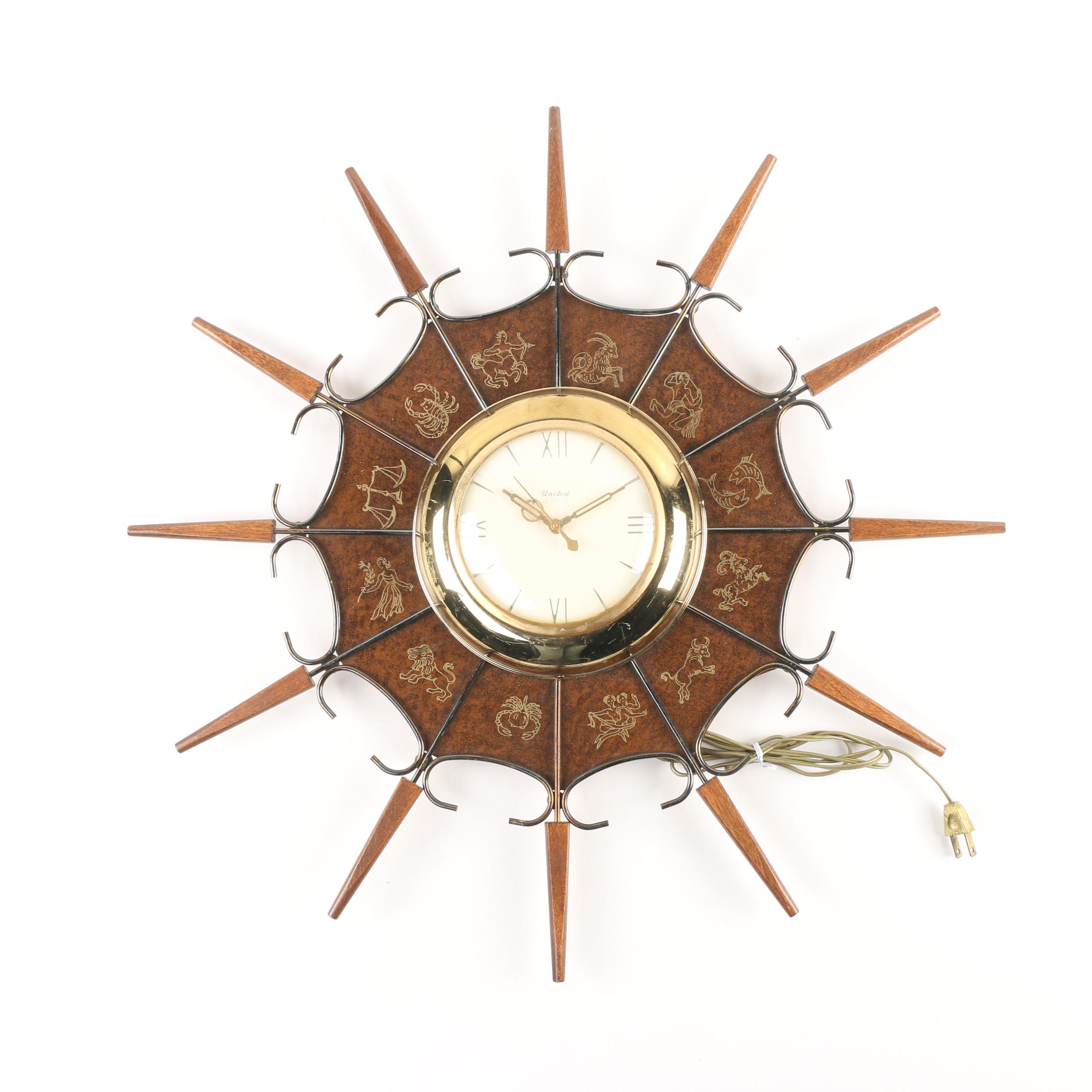United Zodiac Sunburst Wall Clock, MidCentury EBTH