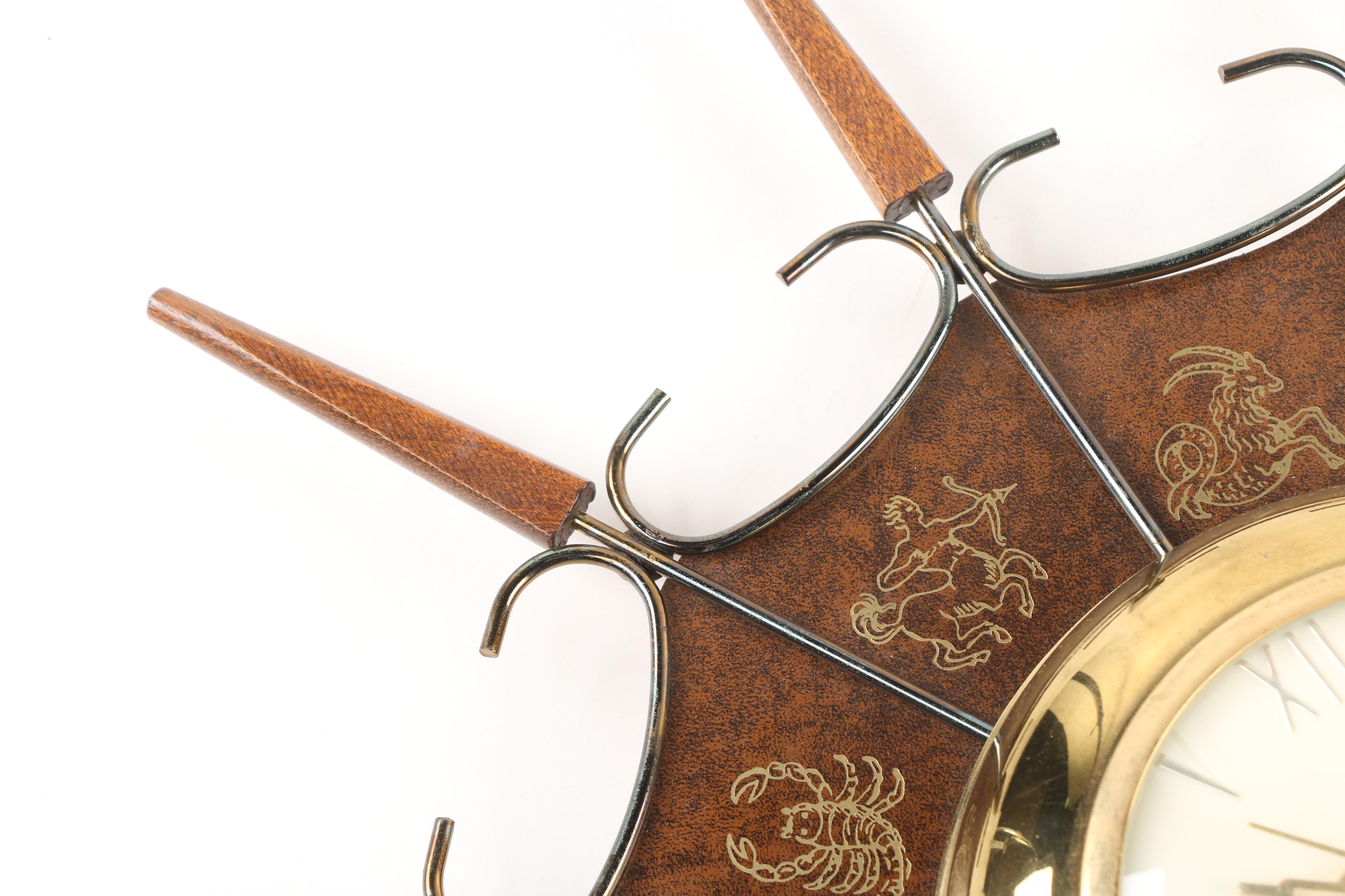United Zodiac Sunburst Wall Clock, MidCentury EBTH