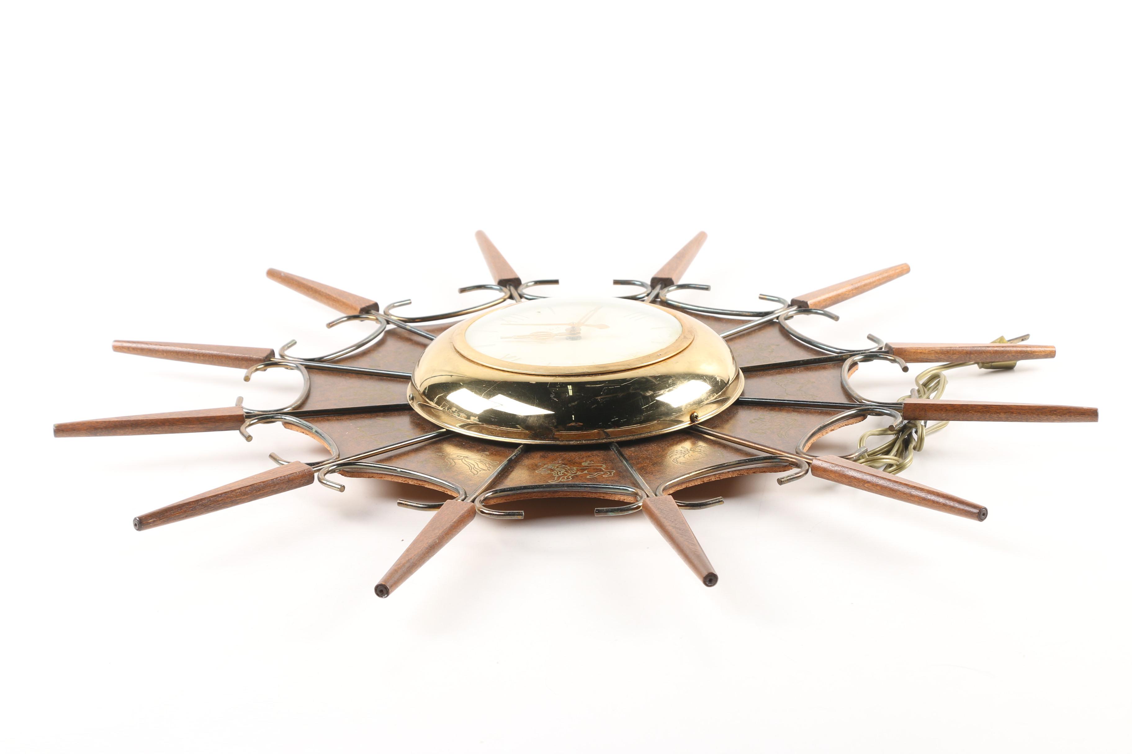 United Zodiac Sunburst Wall Clock, MidCentury EBTH